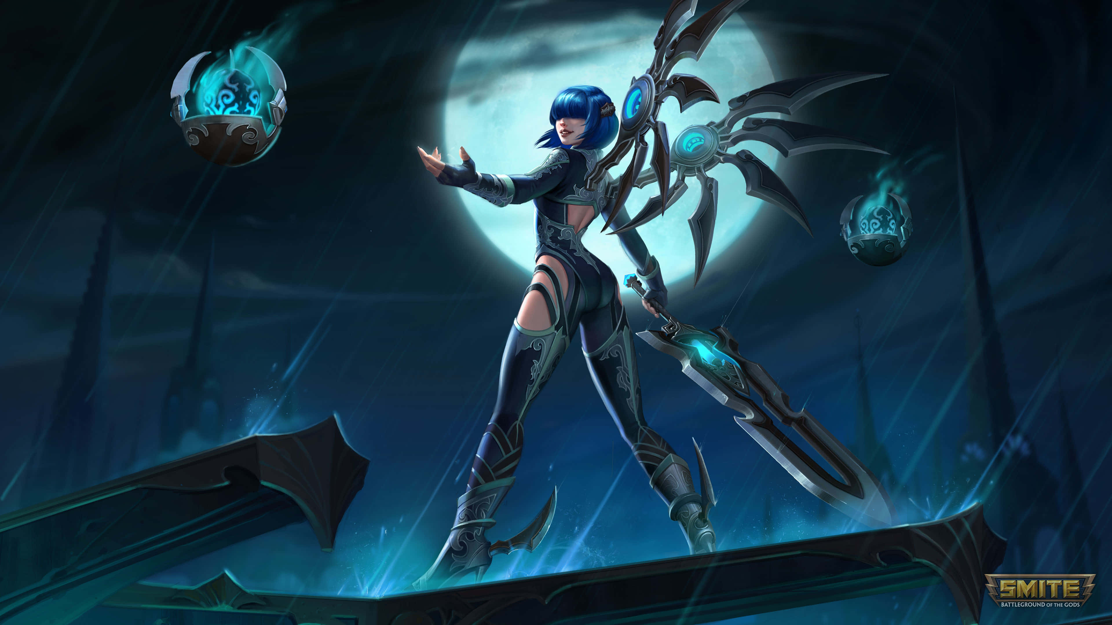 在 SMITE 中收集線索，發現你的全部潛能！ 壁紙 — 一位藍髮戰士身穿暗色盔甲，在滿月下的神秘夜晚場景中，手持發光球體和刀刃，蓄勢待發。