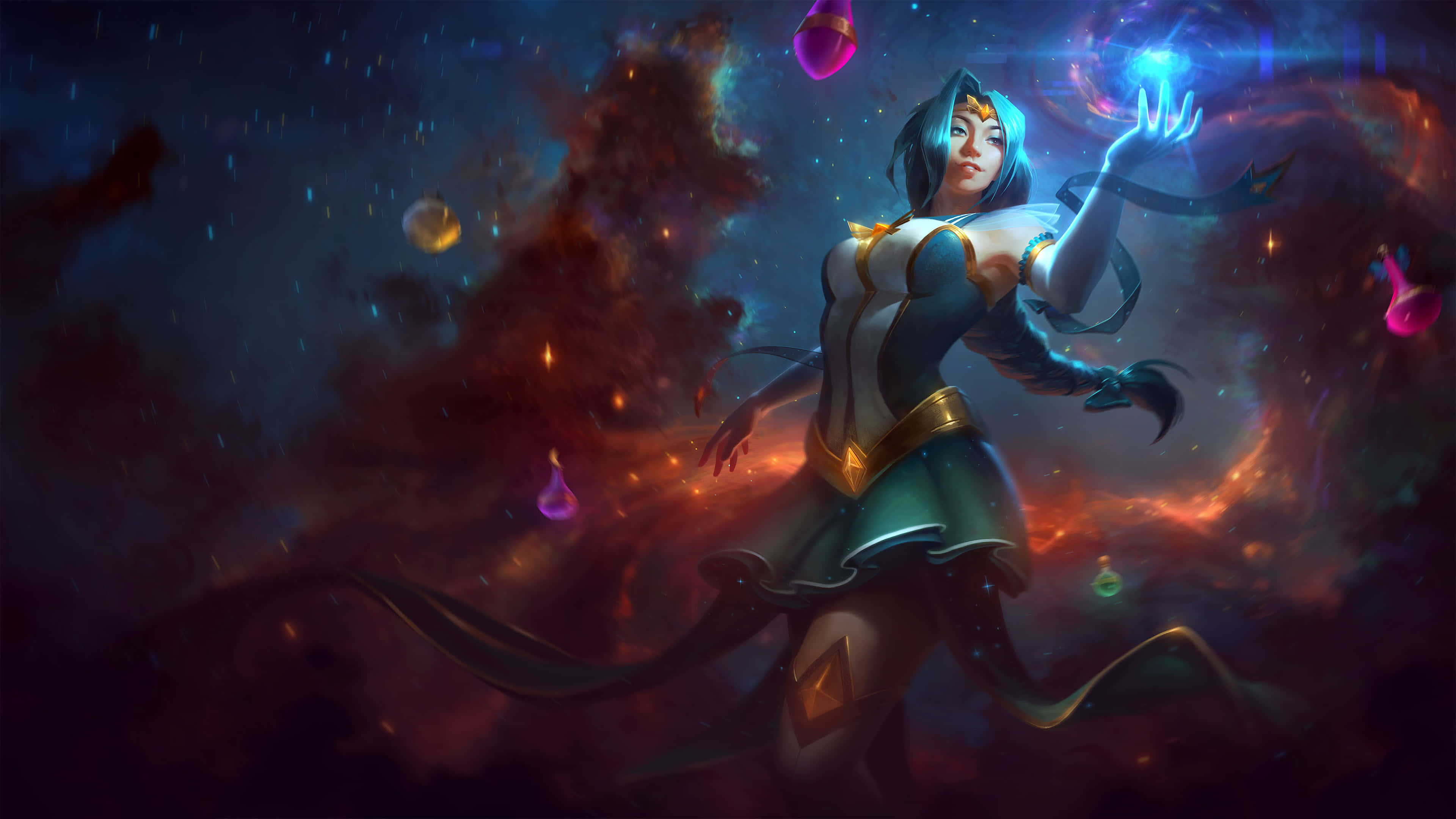在 Smite 中明智選擇你的神明 壁紙 — 一位藍髮的奇幻動漫女性在宇宙星雲背景下揮舞著發光的魔法球。