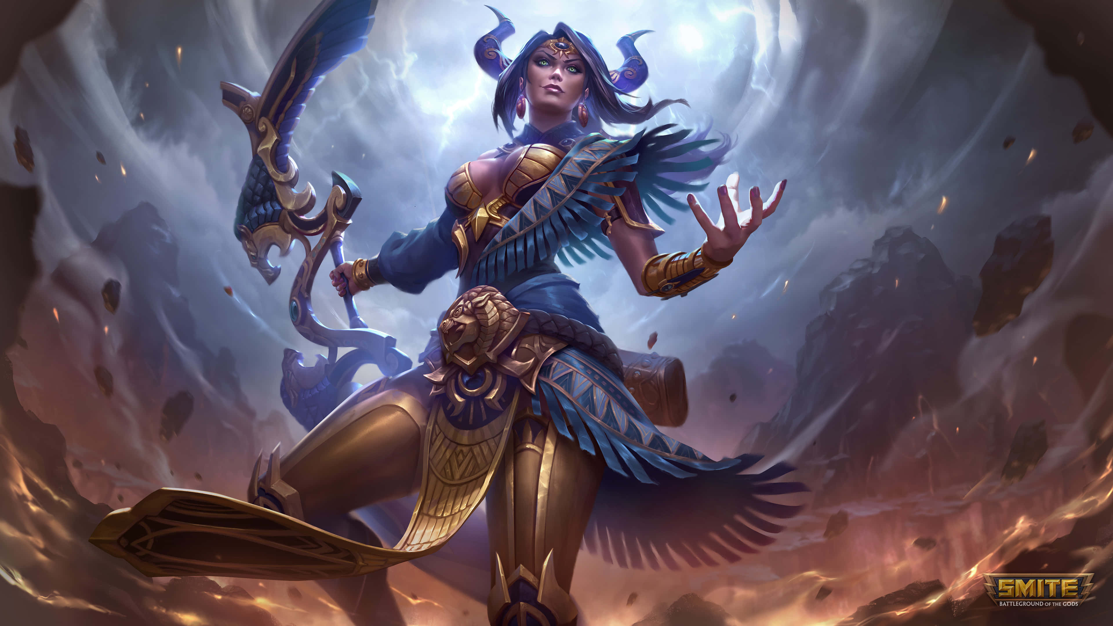 在《SMITE》中釋放神祇之力 壁紙 — 一位擁有翅膀和角的強大埃及女神在風暴和火海戰場中揮舞著法杖。