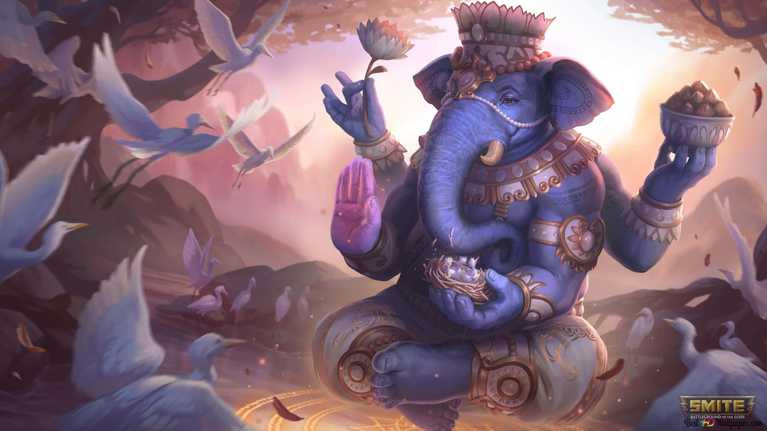 在 SMITE 中釋放神祇之力 壁紙 — 一位莊嚴的藍色象頭神在發光的鳥兒和柔和的粉紅雲朵中寧靜地坐著，手持神聖的符號。