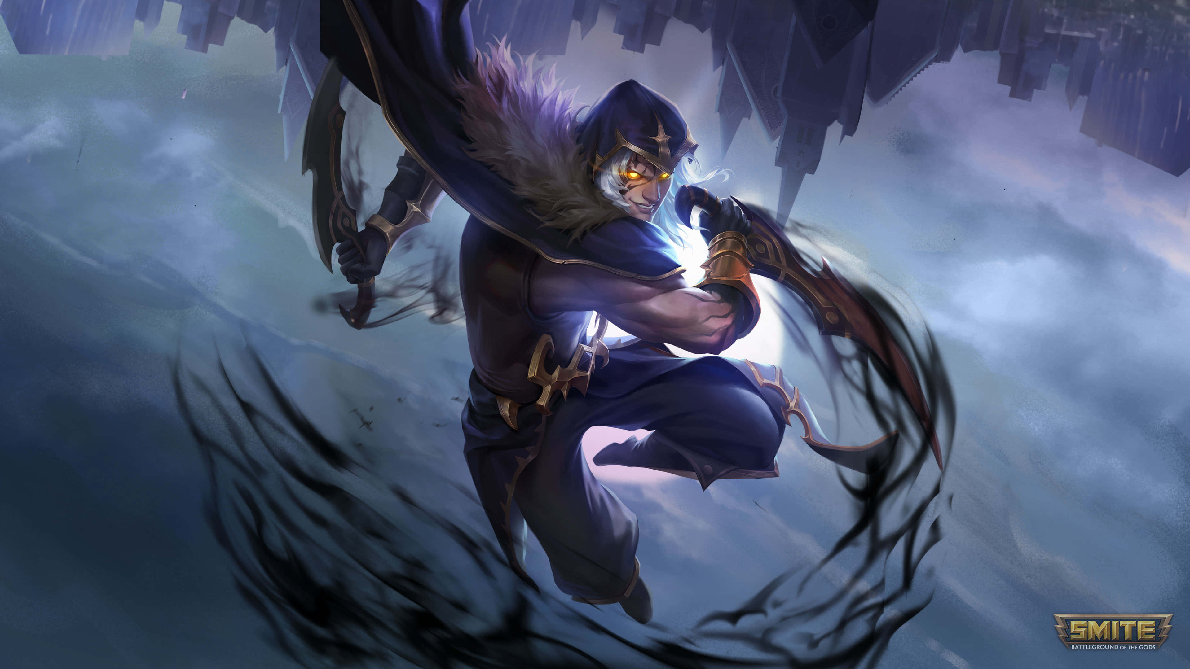 在《Smite》的幻想世界中展開戰鬥 壁紙 — 一個身穿黑色斗篷、眼睛發光的戰士，在暴風雲中跳躍，揮舞著雙彎刀。