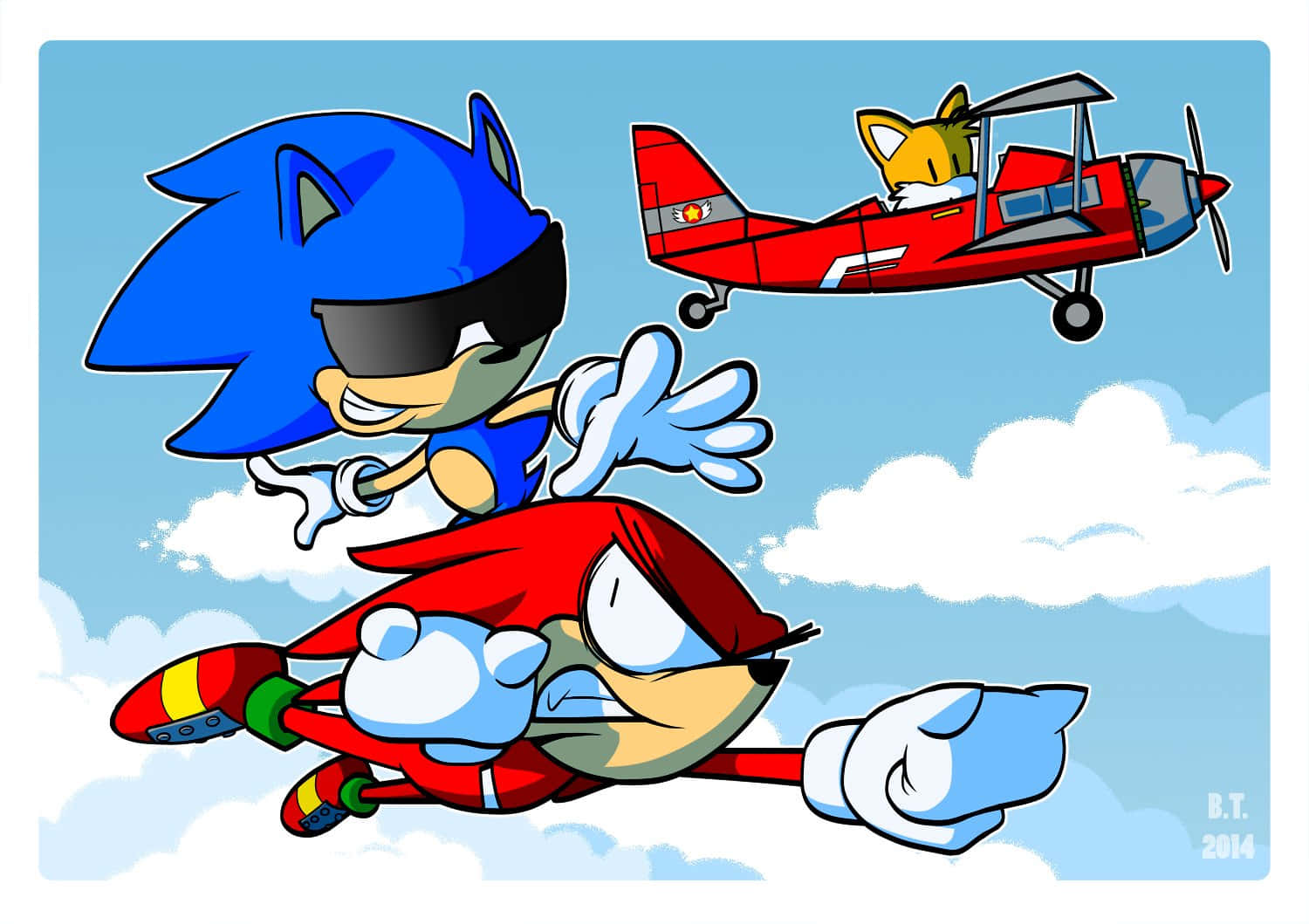 Sonic、Tails 和 Knuckles 在藍天白雲中飛行