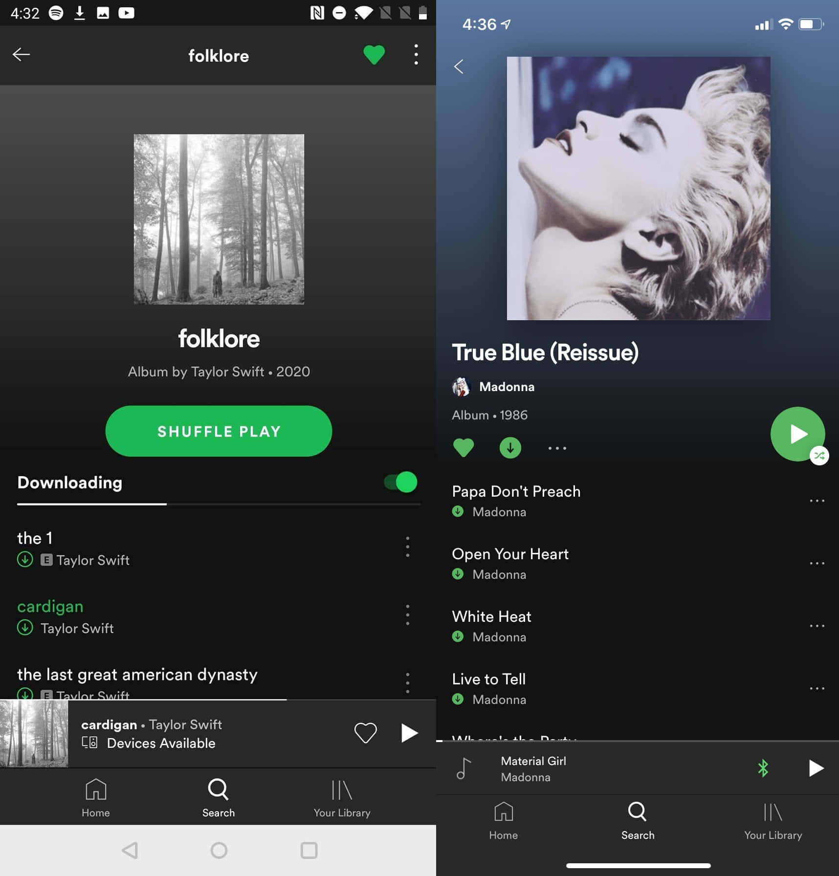 在 Spotify 下載 Taylor Swift《Folklore》專輯 壁紙 — 兩個音樂應用程式的分割畫面檢視，顯示Taylor Swift的《folklore》和Madonna的《True Blue》專輯介面，包含歌曲清單和播放控制。