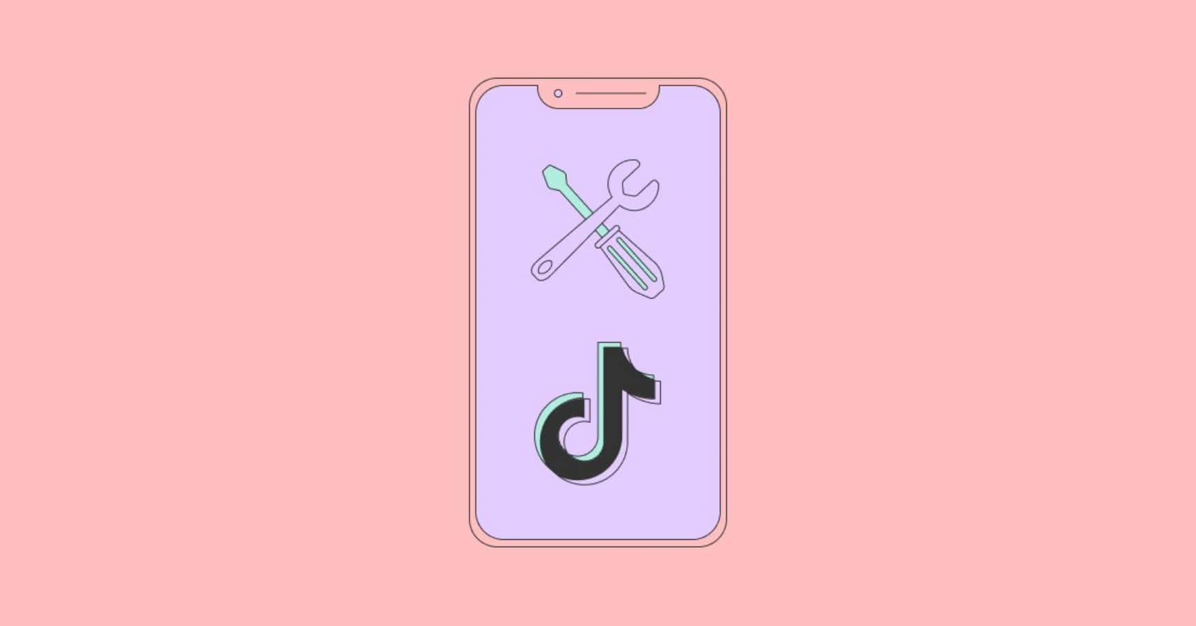 在 TikTok 上歡笑、跳舞並創作精彩內容！ 壁紙 — 一部智能手機，帶有TikTok標誌和交叉工具，背景為柔和粉紅色。