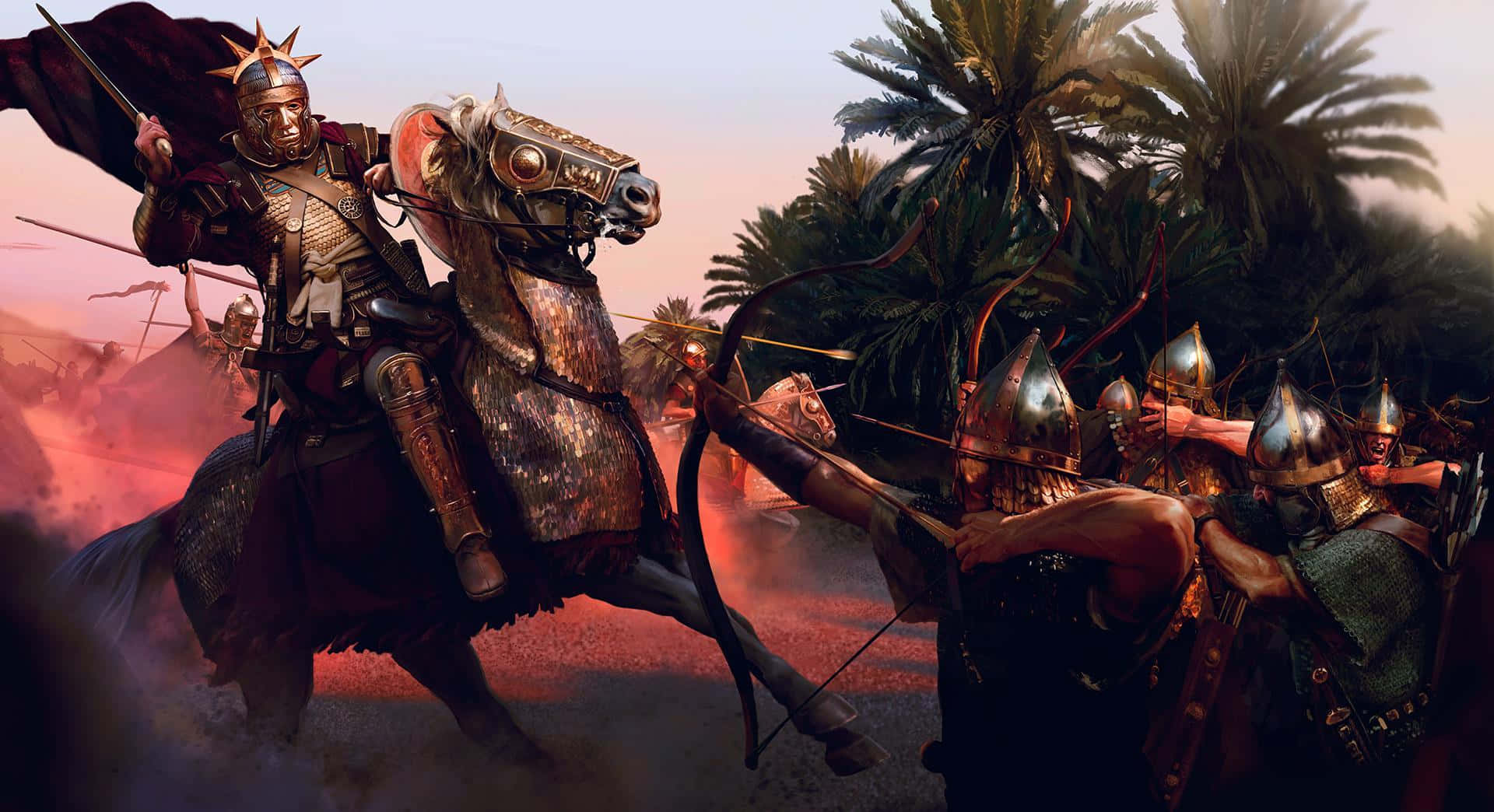 在《Total War: Rome II》中重聚羅馬帝國 壁紙 — 一名騎著裝甲馬的騎士在塵土飛揚的戰場上衝鋒，弓箭手在熱帶環境的日落時分射箭。
