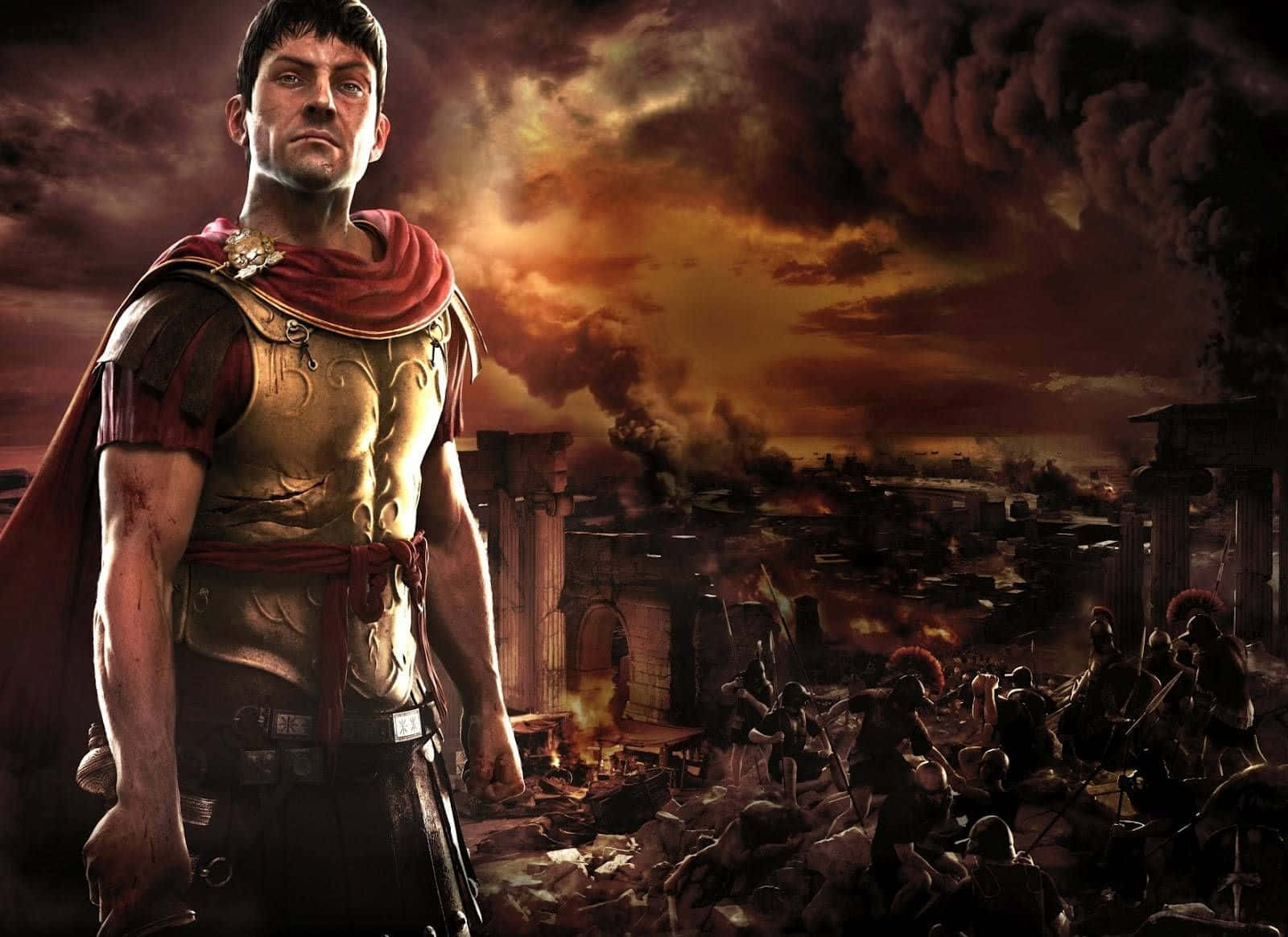 在《Total War：羅馬2》中體驗指揮羅馬軍隊的驚心動魄 壁紙 — 一名身穿金色盔甲和紅色斗篷的羅馬士兵，挑釁地站在燃燒的城市前，背後一片混亂。