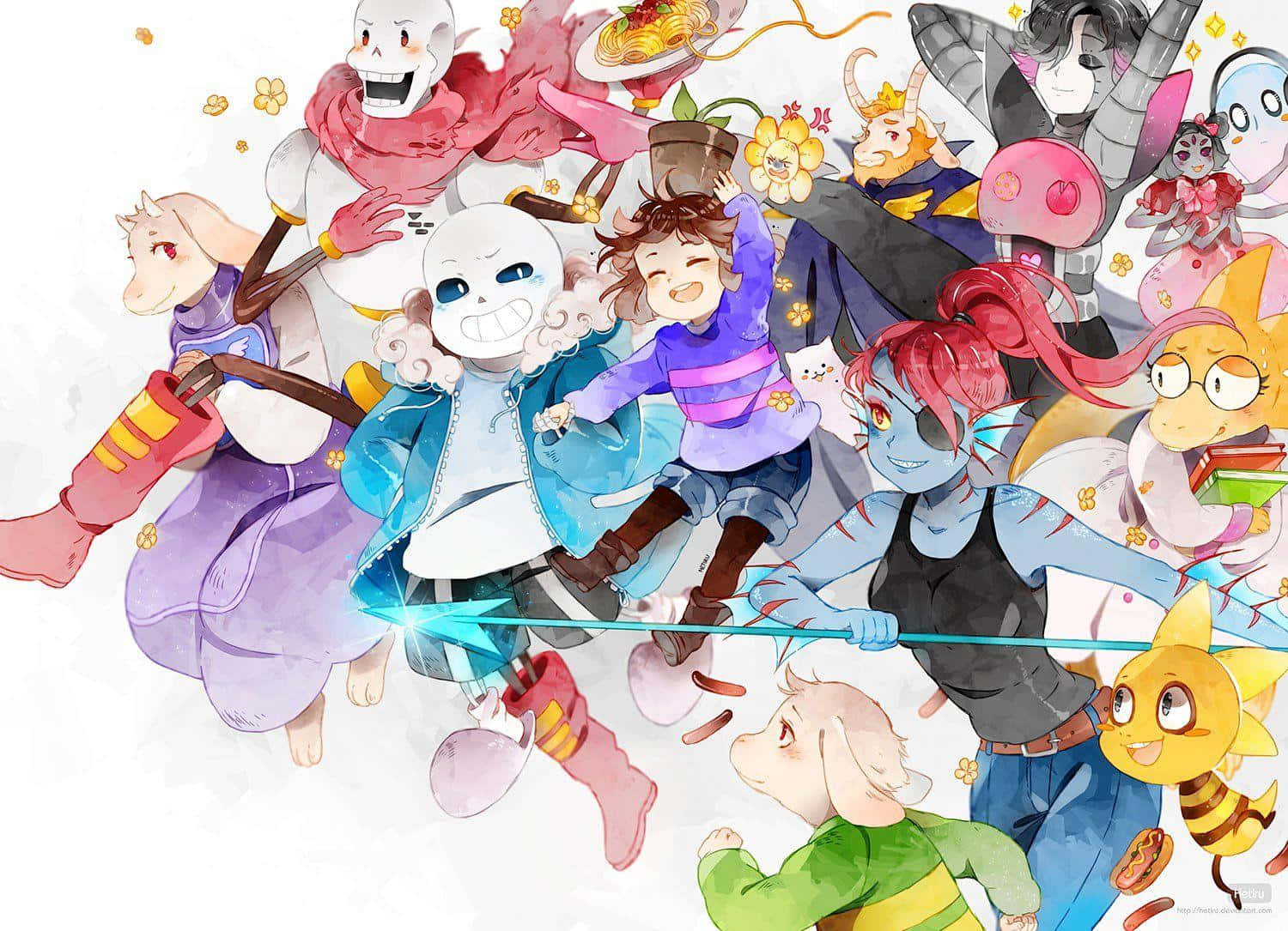 「在《Undertale》中發現你的冒險」 壁紙 — 一幅充滿活力的動漫風格插圖，描繪不同角色愉快地與食物和玩樂能量互動。