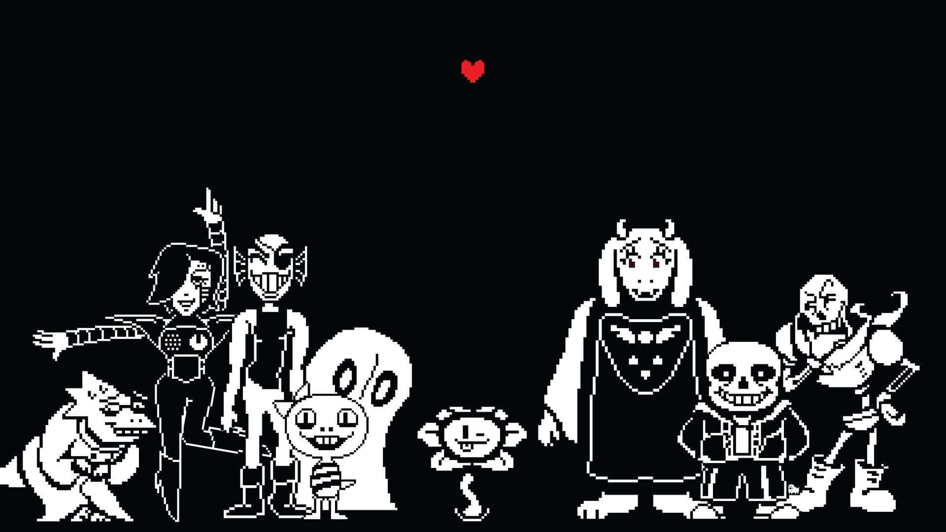 在《Undertale》中飛向地表 壁紙 — 來自 Undertale 的像素藝術角色站在黑色虛空中，一顆紅色心形漂浮在他們上方。