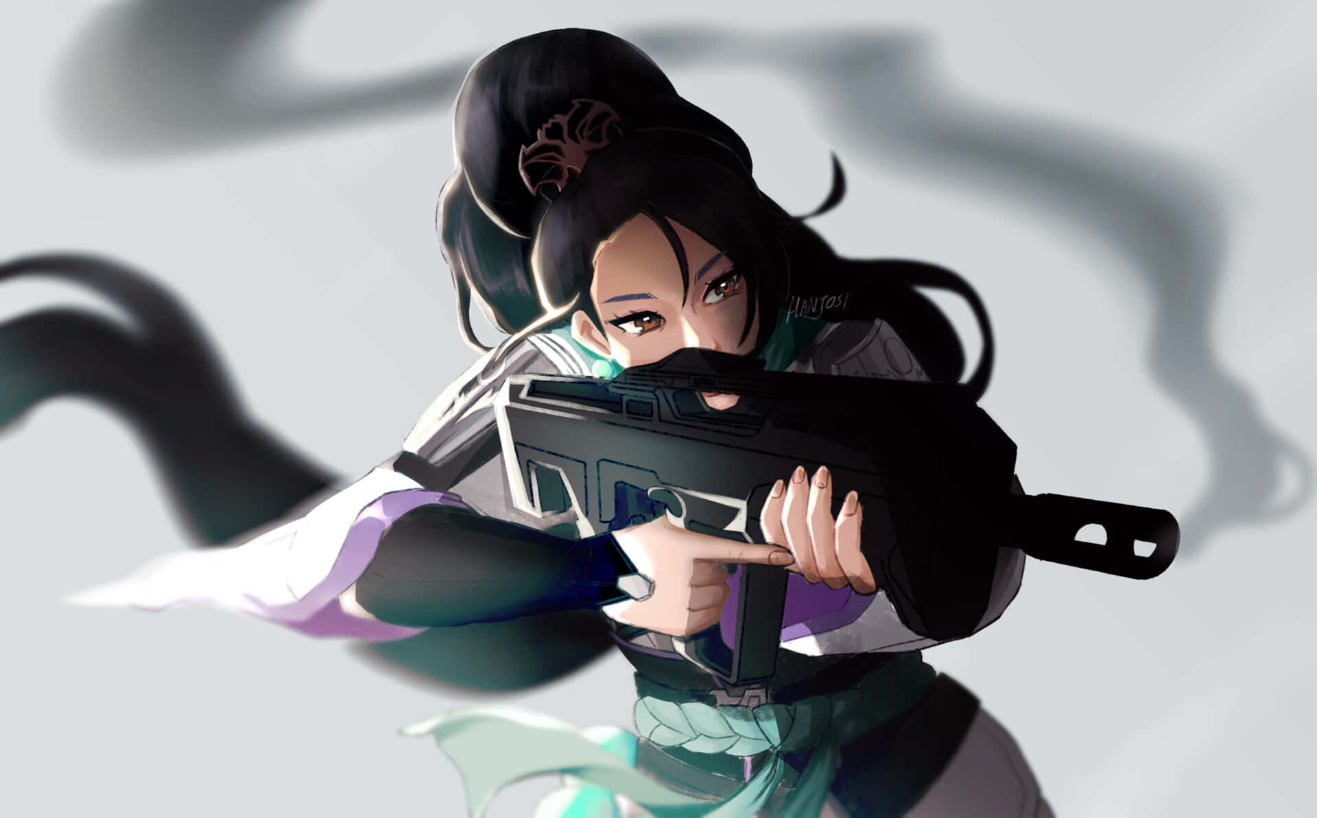 動漫女性瞄準未來武器，飄逸的深色頭髮和身後煙霧。
