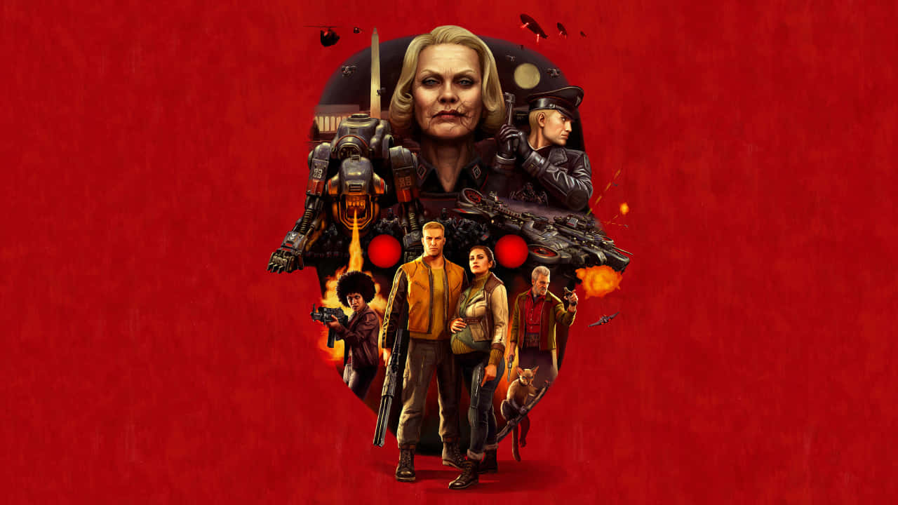 在《Wolfenstein II》中勇闖城堡 壁紙 — 一個大膽的紅色背景框住了一群武裝角色，身處一個 gritty 科幻場景，伴有爆炸和機械元素。