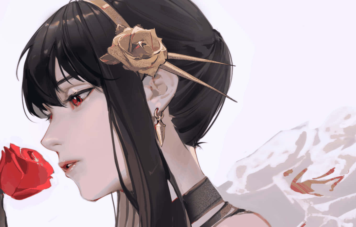黑髮紅眼的動漫女孩在雪景中手持一朵紅玫瑰。
