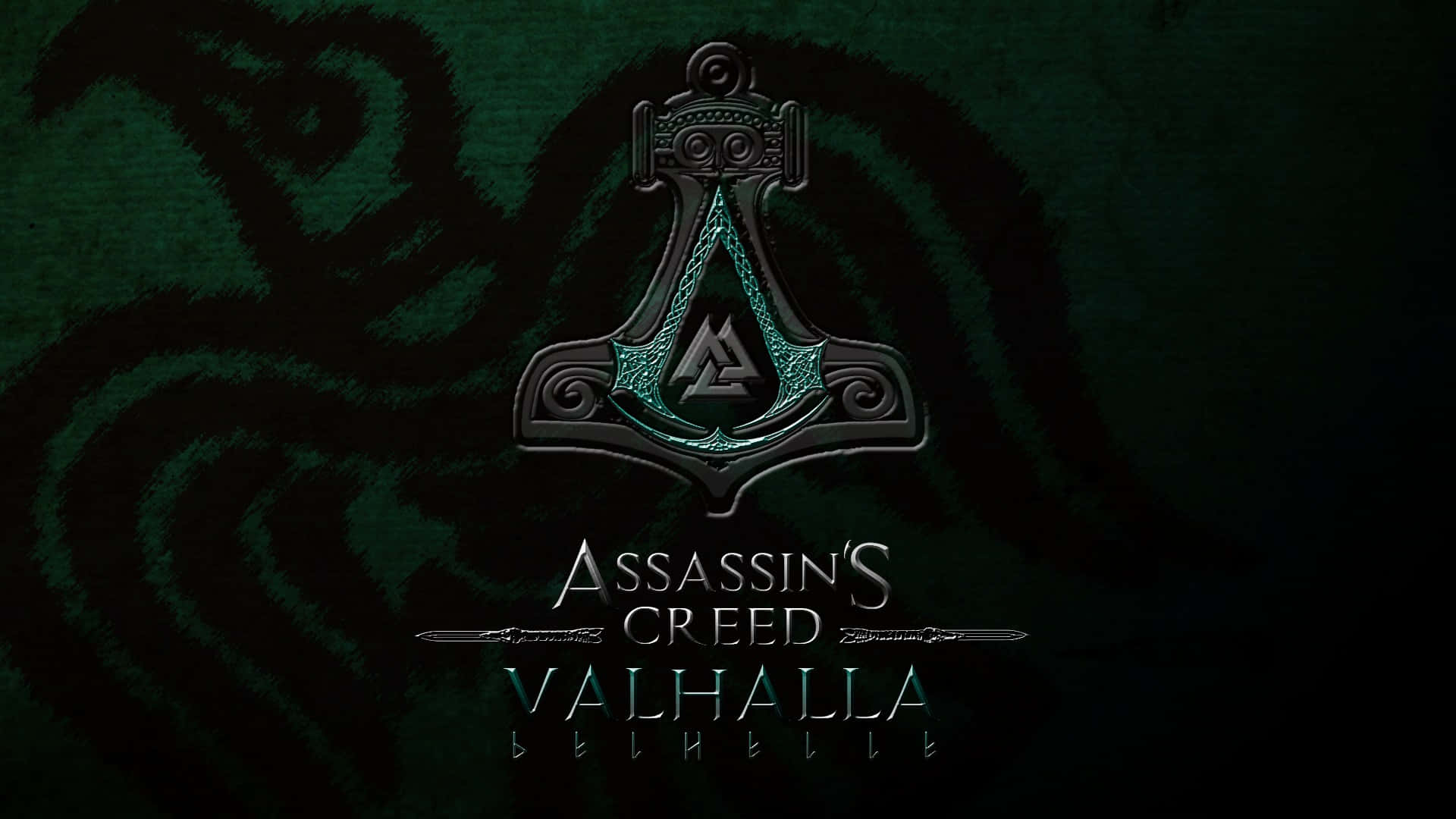 Assassin's Creed Valhalla 標誌，帶有發光的藍綠色錘子，置於深綠色紋理背景上。