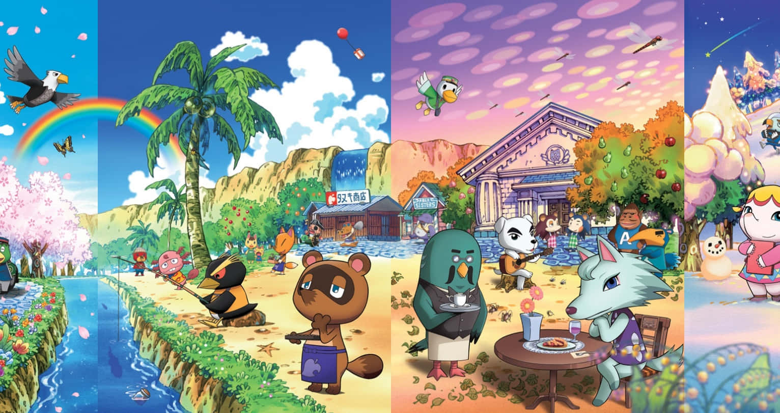 Animal Crossing角色在從春天到冬天的多彩季節場景中。