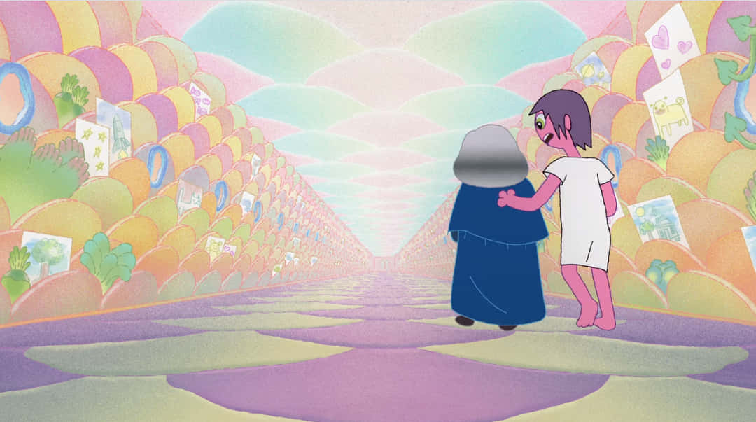 兩個卡通人物沿著一條奇思妙想的小徑，穿過色彩繽紛、如夢似幻的風景。