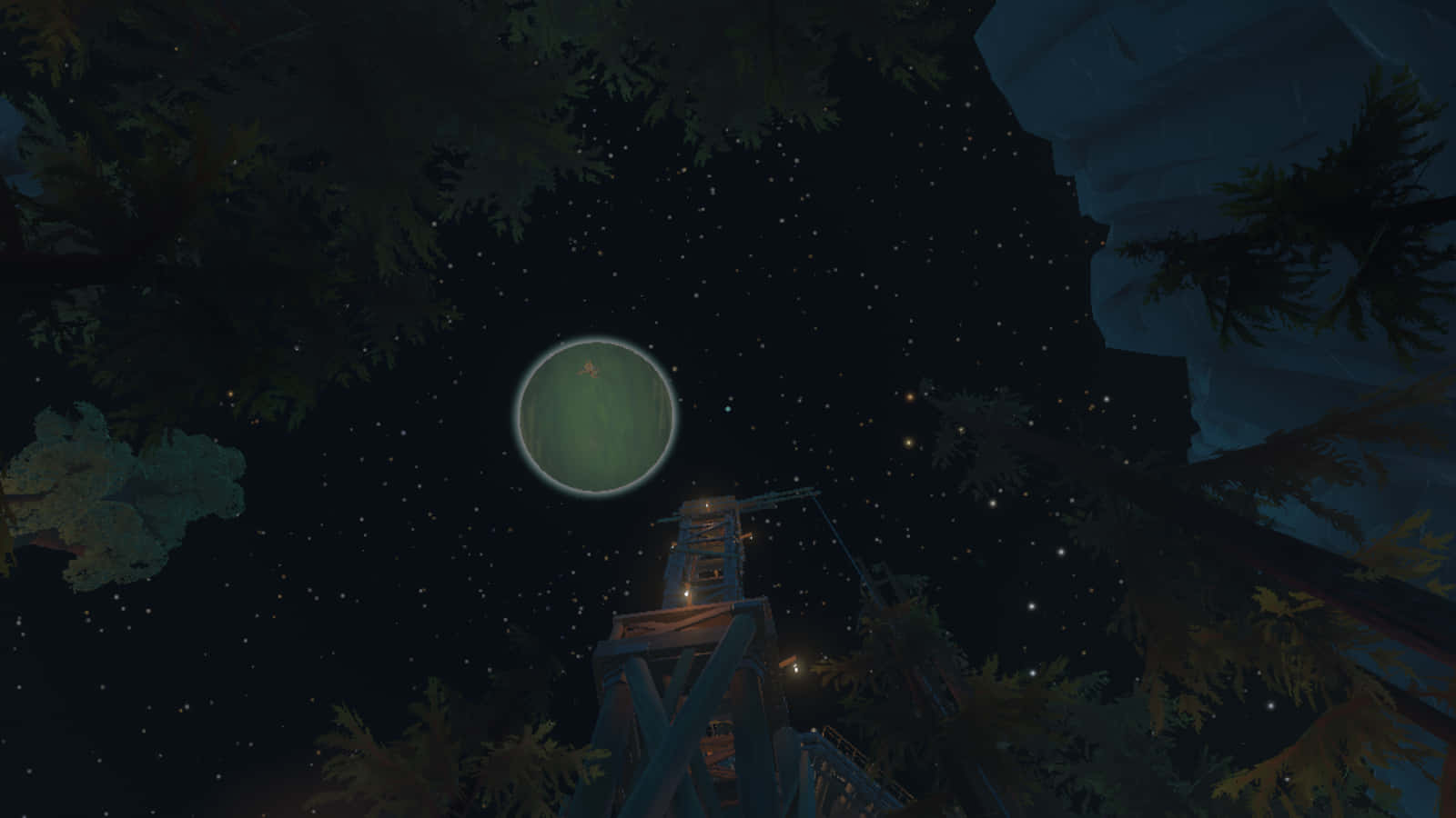 從繁星森林中的木塔望去，一顆發光的綠色行星。