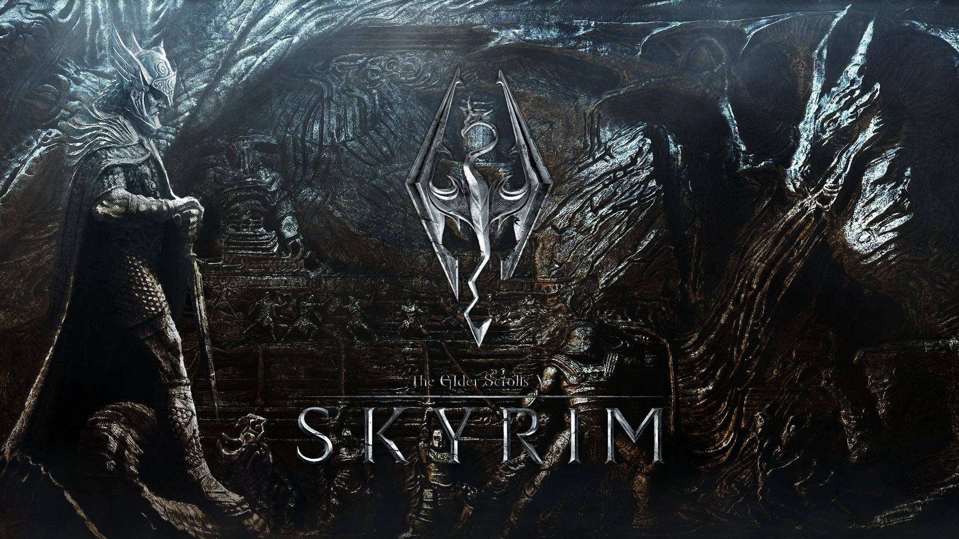 一個身穿華麗盔甲的黑暗奇幻戰士，站在發光的Skyrim標誌前，周圍是古老廢墟和陰影龍。