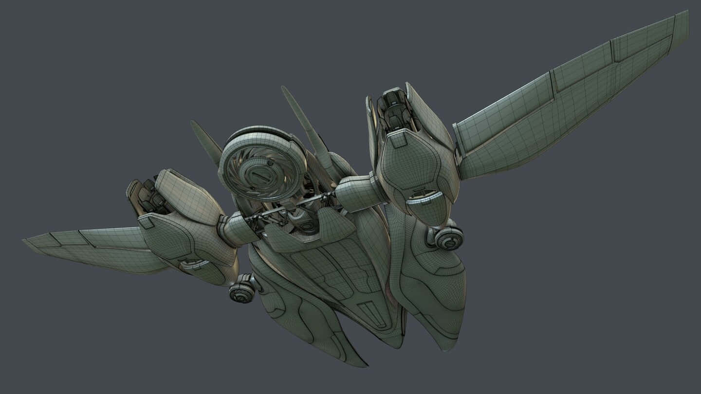 未來主義戰鬥機3D模型，帶有線框網格，顯示在灰色背景上。
