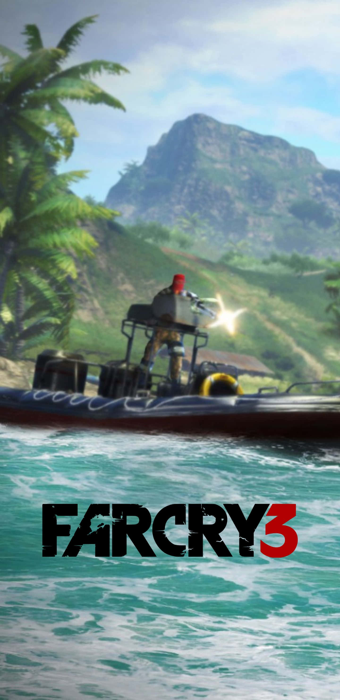 在《孤島驚魂3》中遠行探索 壁紙 — 一名士兵在碧綠色的水域上從快艇發射武器，背景是茂密的叢林和岩石山。