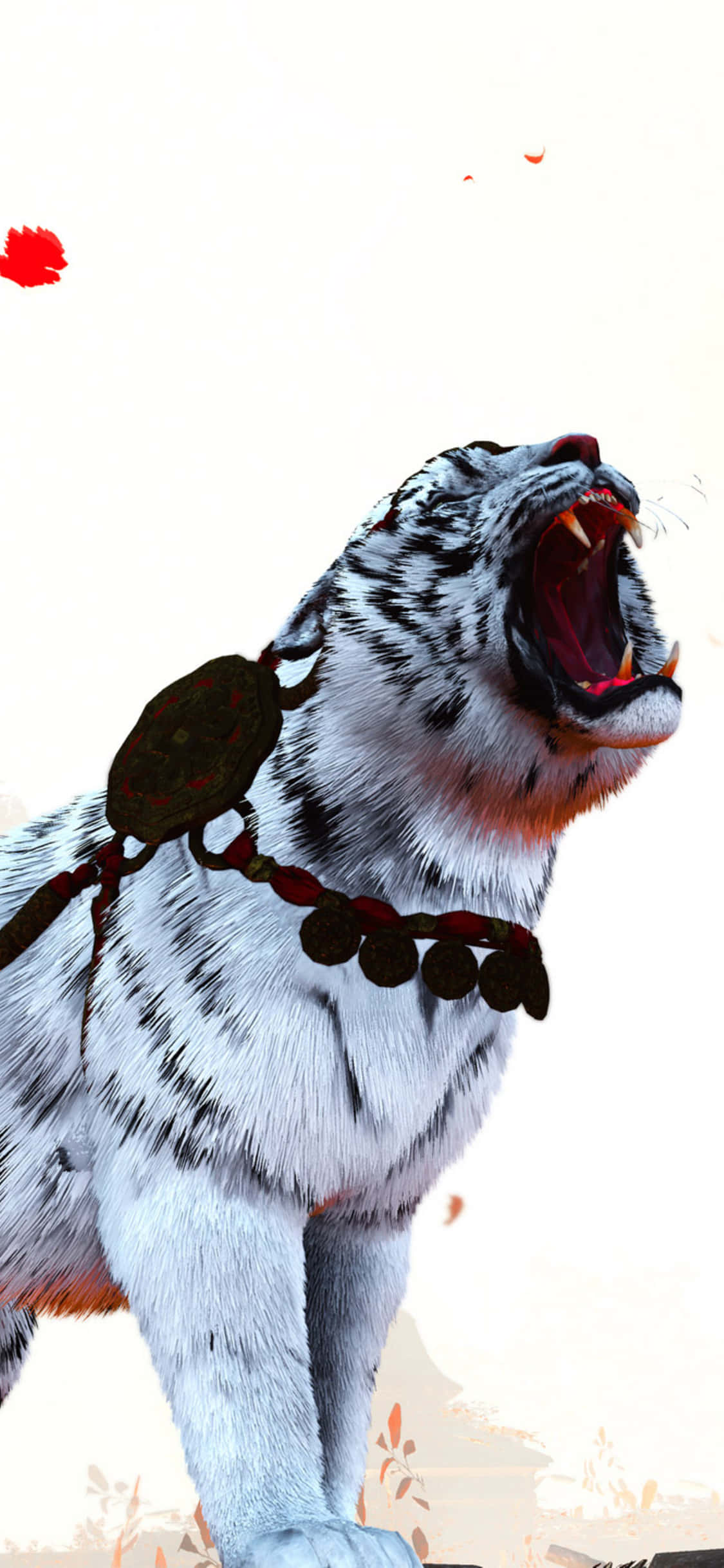 在《孤島驚魂3》中體驗無限冒險與自由 壁紙 — 一隻帶有黑色條紋的白虎，戴著紅色和棕色的部落項圈，在明亮的背景中，漂浮著紅色花瓣，兇猛地咆哮。