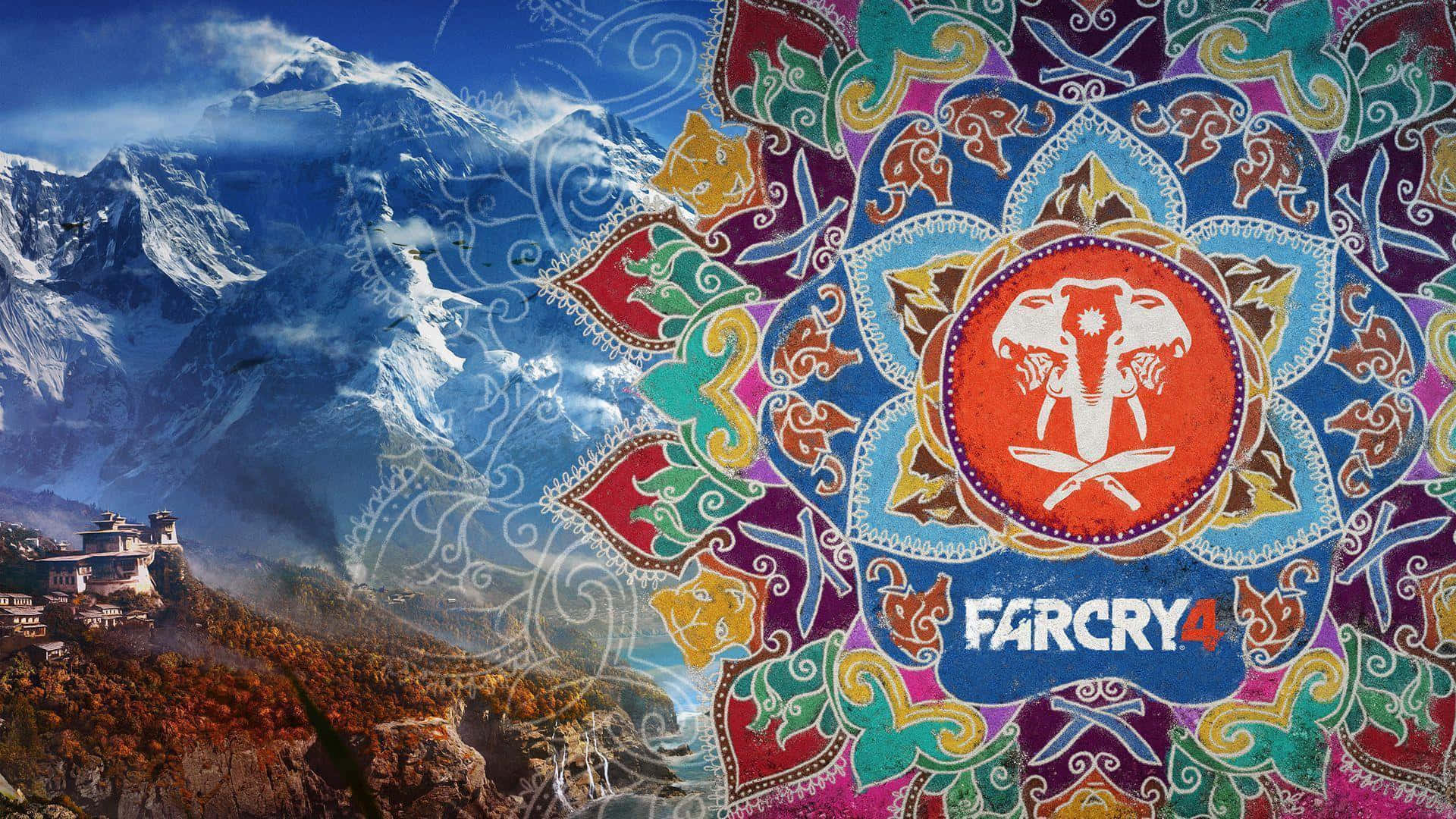 遊戲標誌 Far Cry 4 帶有彩色曼陀羅覆蓋在雪山和寺廟場景上。