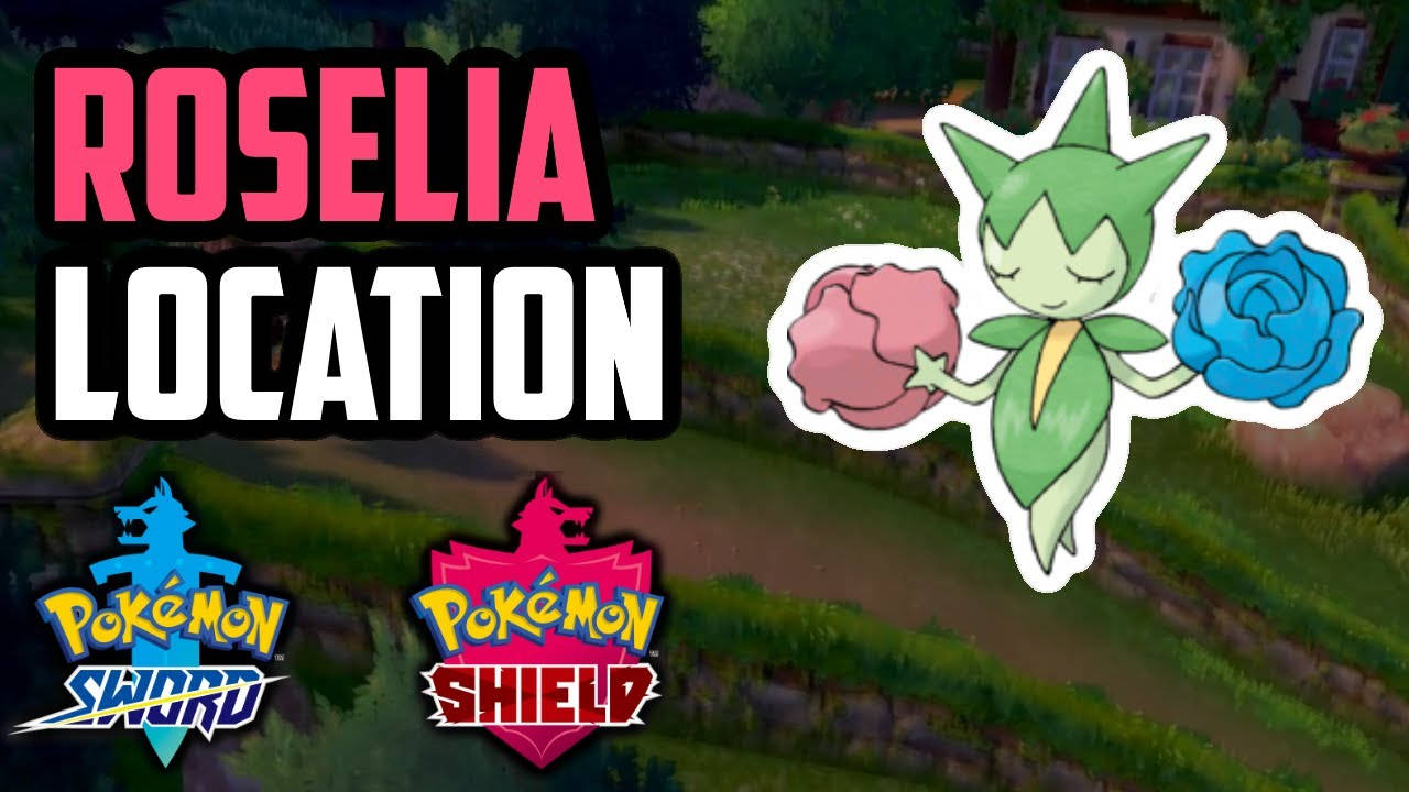 Roselia Pokémon喺草地遊戲場景中揸住粉紅色同藍色嘅玫瑰。