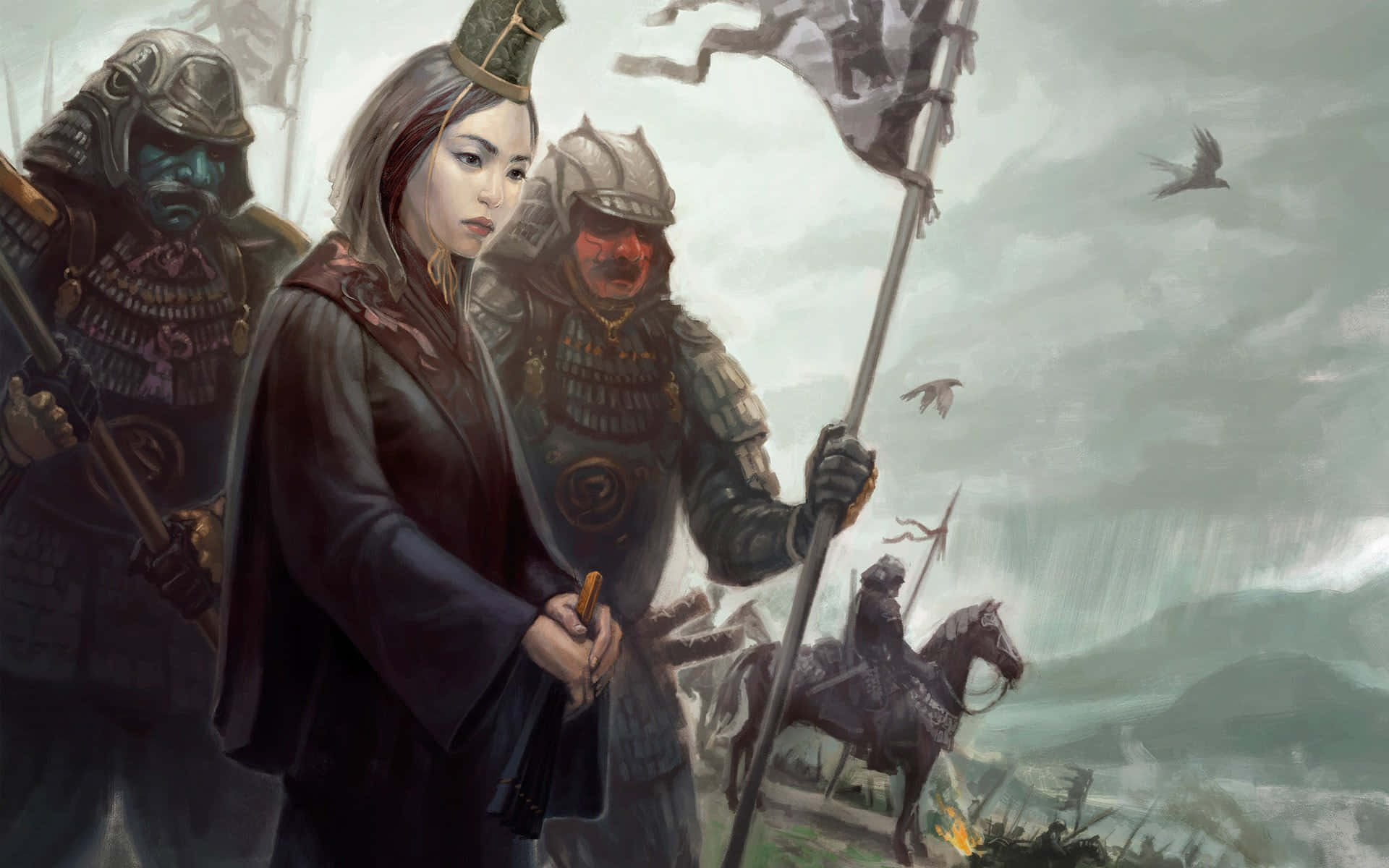 身穿鎧甲的女武士和戰士們站在戰場上，有山和鳥