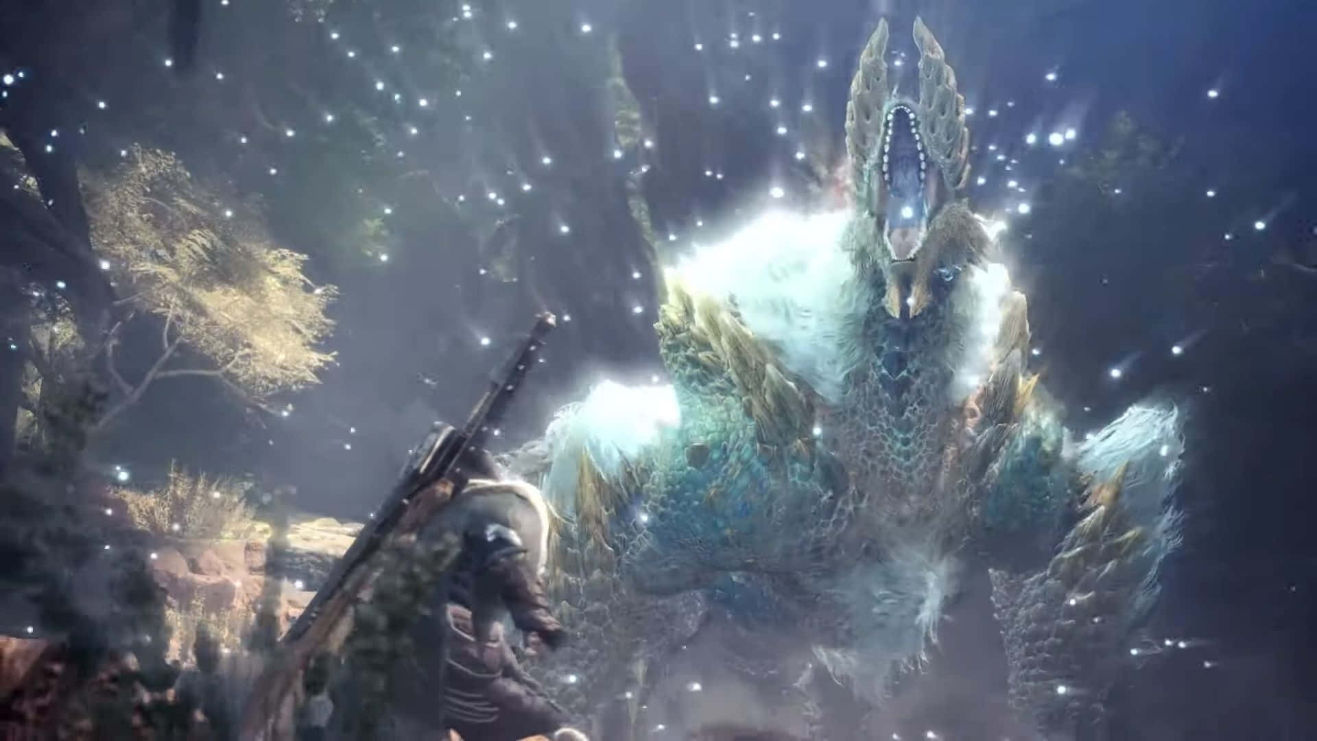 在《怪物獵人：世界》中以技巧與優雅擊敗怪物 壁紙 — 一名獵人在星空下的黑暗森林中面對一個巨大的發光怪物。