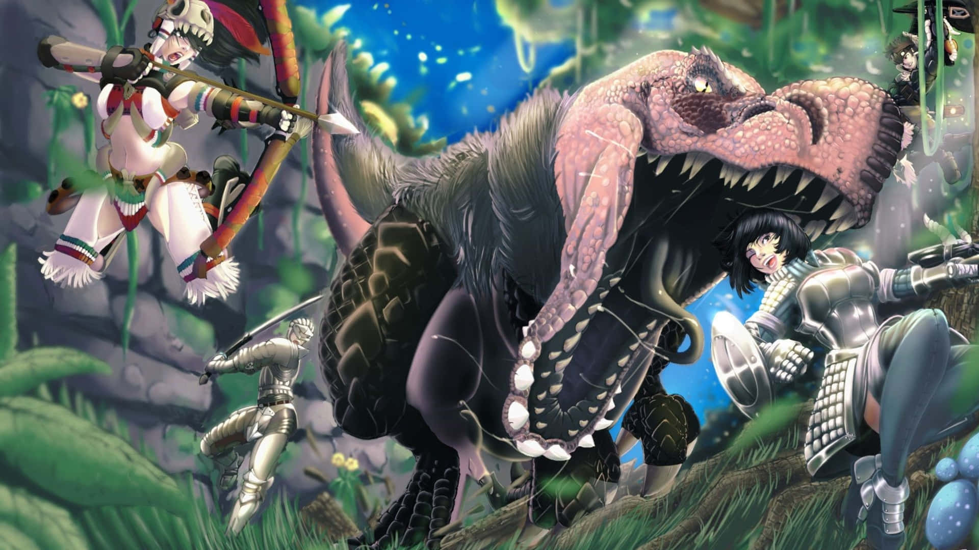 在《怪物獵人：世界》中擊敗傳奇巨獸 壁紙 — 一個充滿動感的動漫場景，展示了身穿盔甲的獵人在茂密的綠色叢林中與一隻巨大的粉紅色恐龍戰鬥。