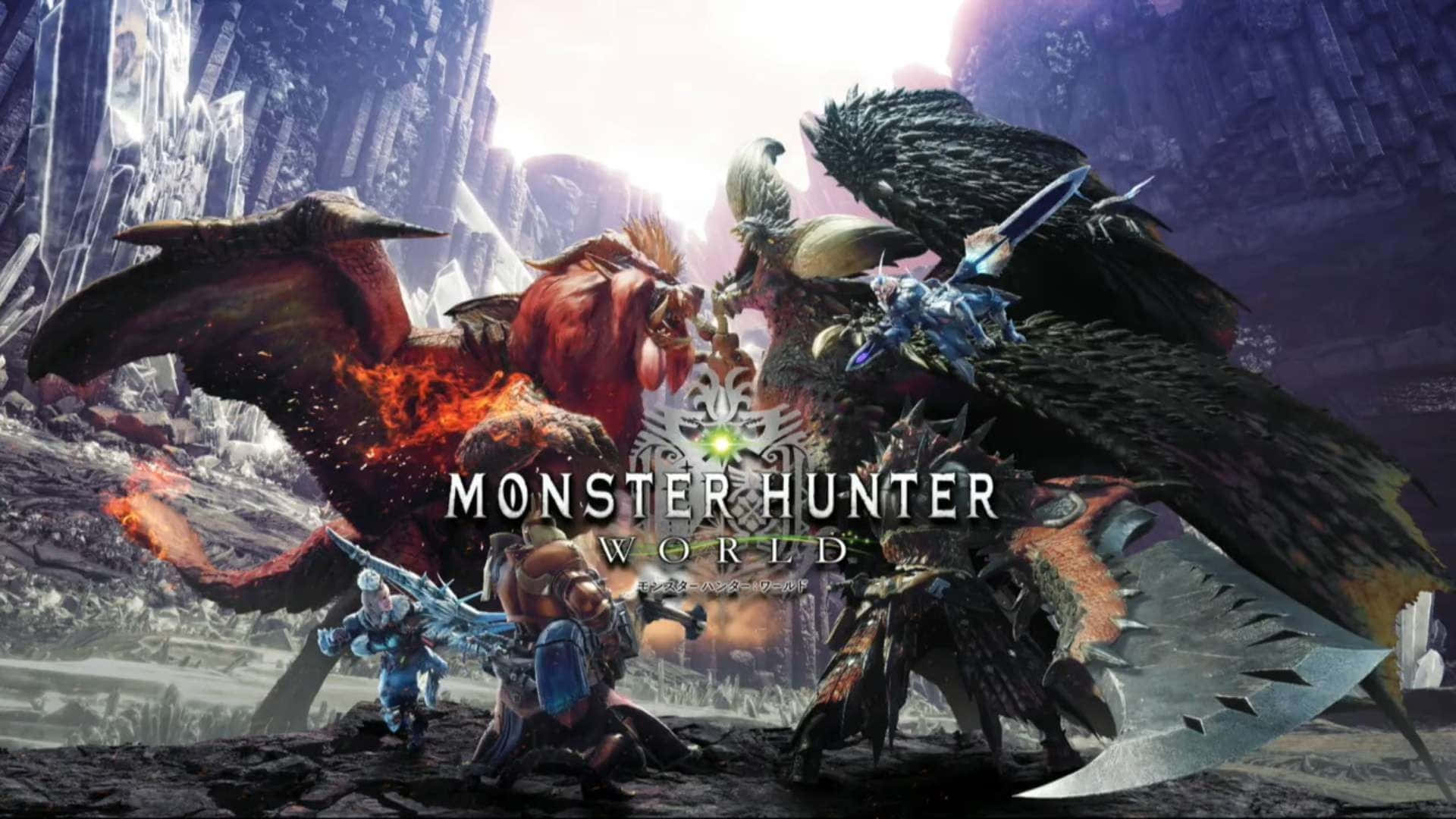 在《怪物獵人世界》中獵捕怪物 壁紙 — 怪物與獵人在發光的天空下，於高聳的水晶懸崖間展開一場戲劇性的奇幻戰鬥。