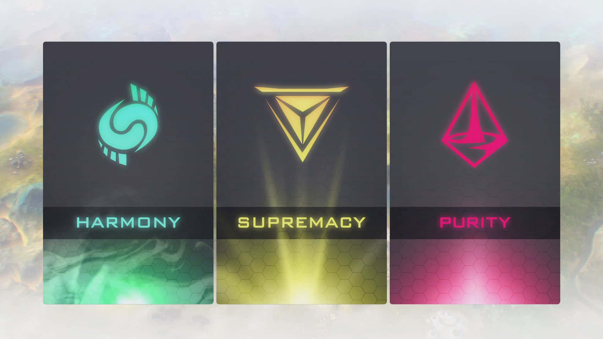 三張發光的陣營卡牌，標有 Harmony Supremacy 和 Purity，具有獨特的符號和配色方案。