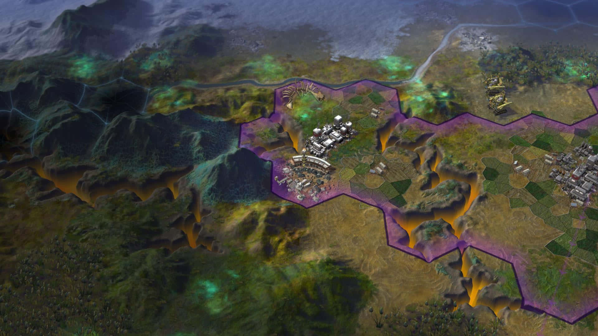 一個數位戰略遊戲地圖，帶有發光的六邊形領土和定居點。