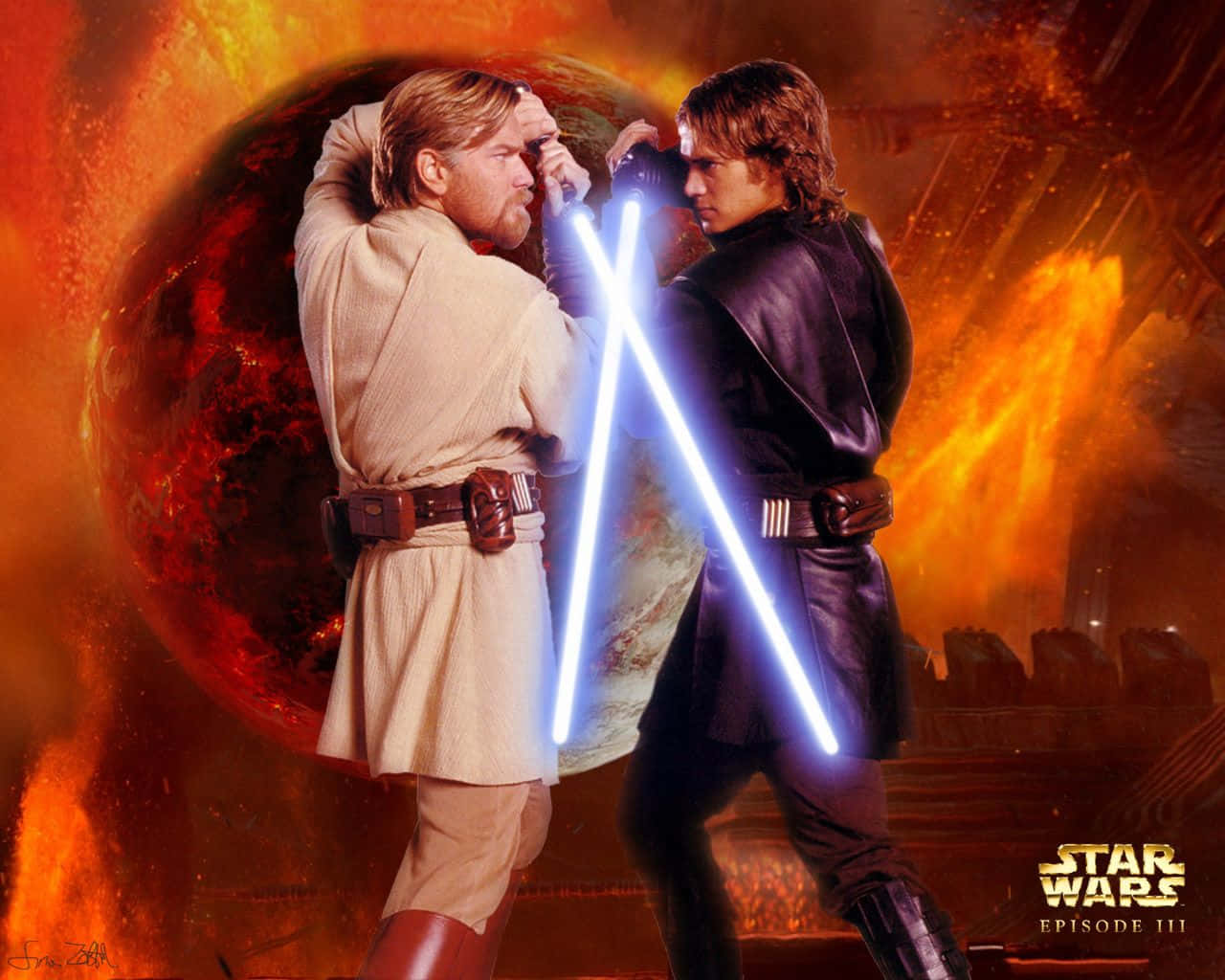 Mustafar 桌布 壁紙 — 在《星球大戰》場景中，兩名絕地武士以藍色光劍對決，背景是熾熱的紅色星球。