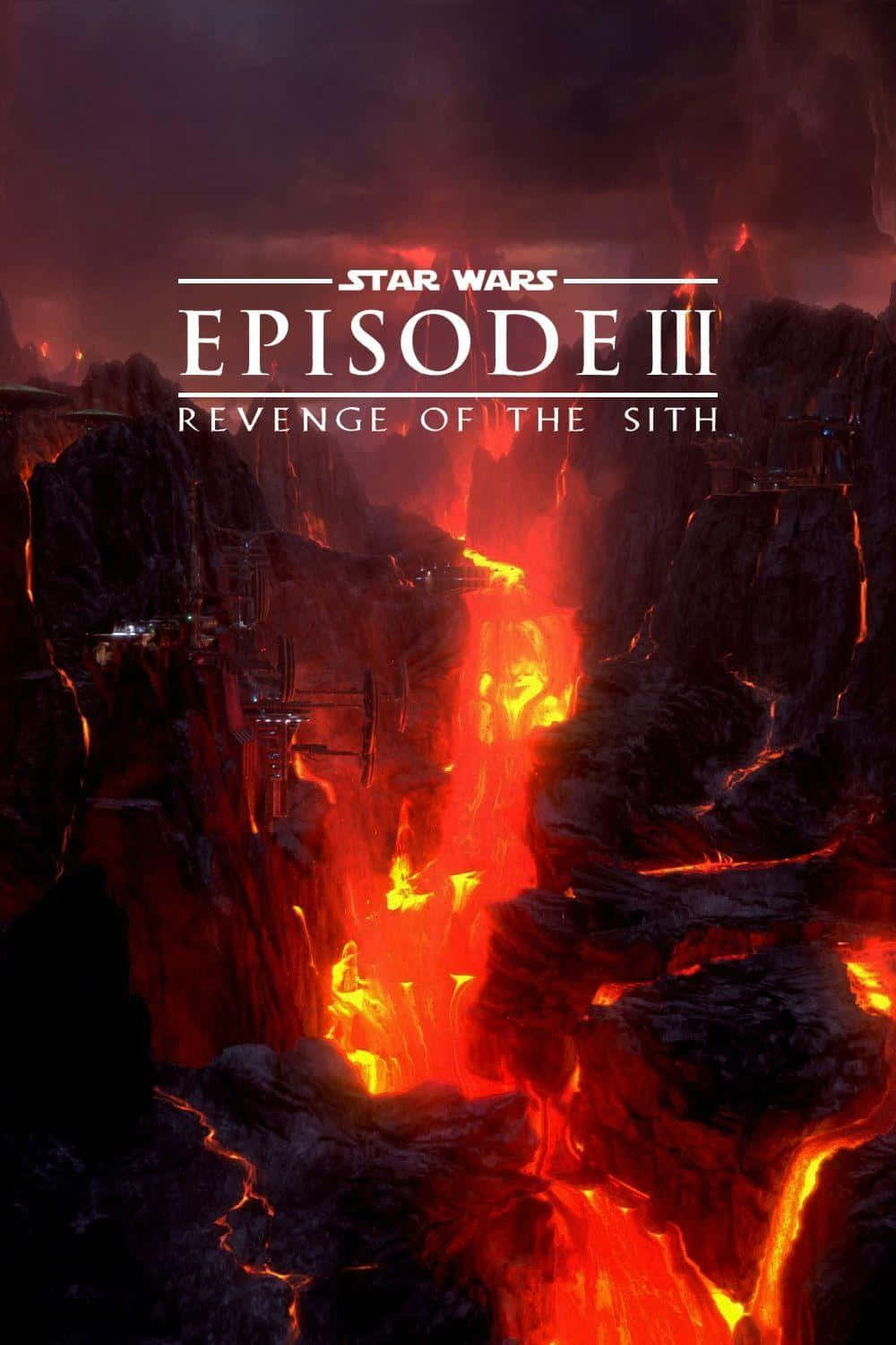 Mustafar 桌布 壁紙 — 在《星球大戰》電影海報中，一條熾熱的熔岩河在暴風雨的天空下流過黑暗的火山峽谷。