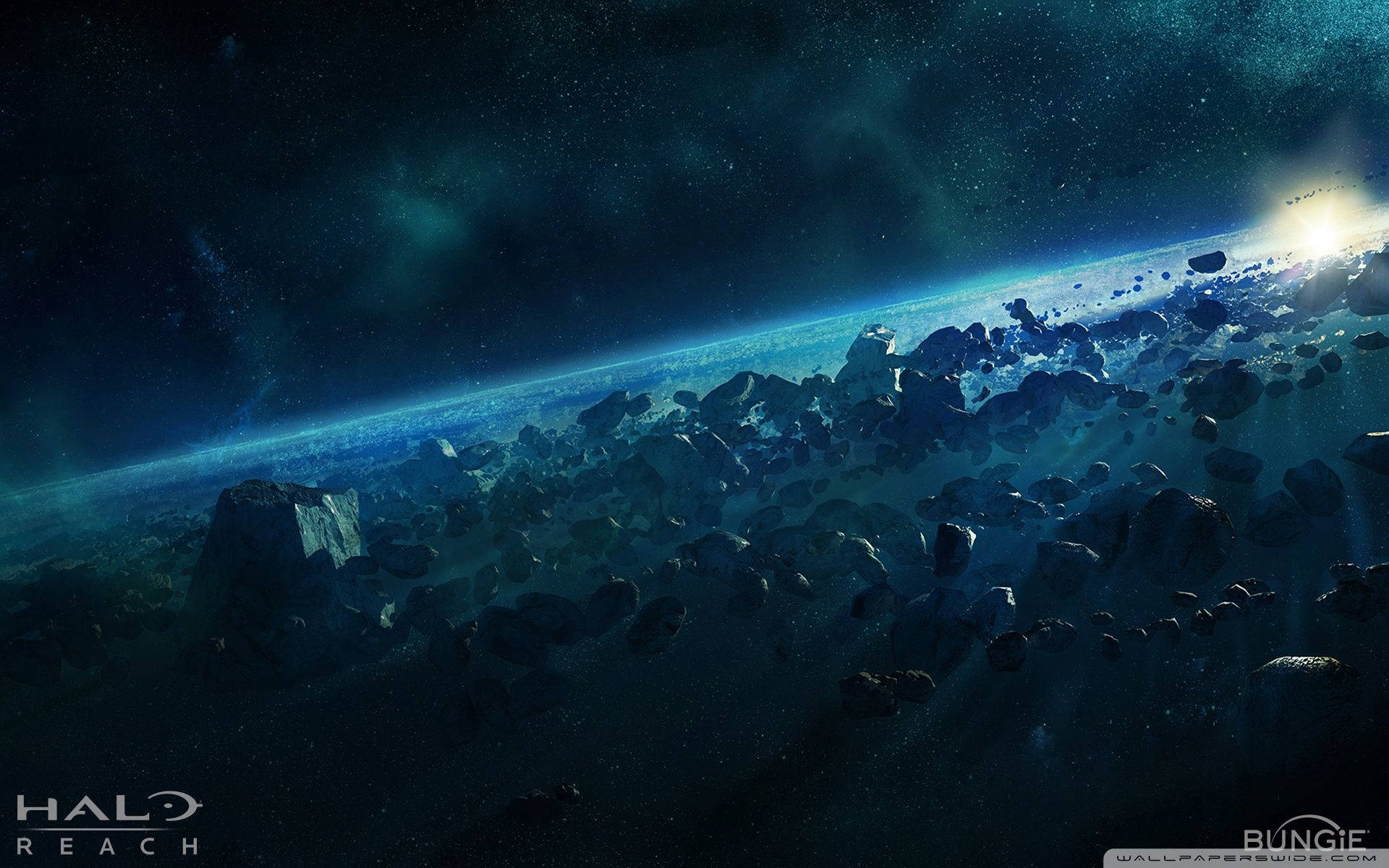 小行星帶在太空中漂浮，靠近一顆發光的行星，背景有星星。