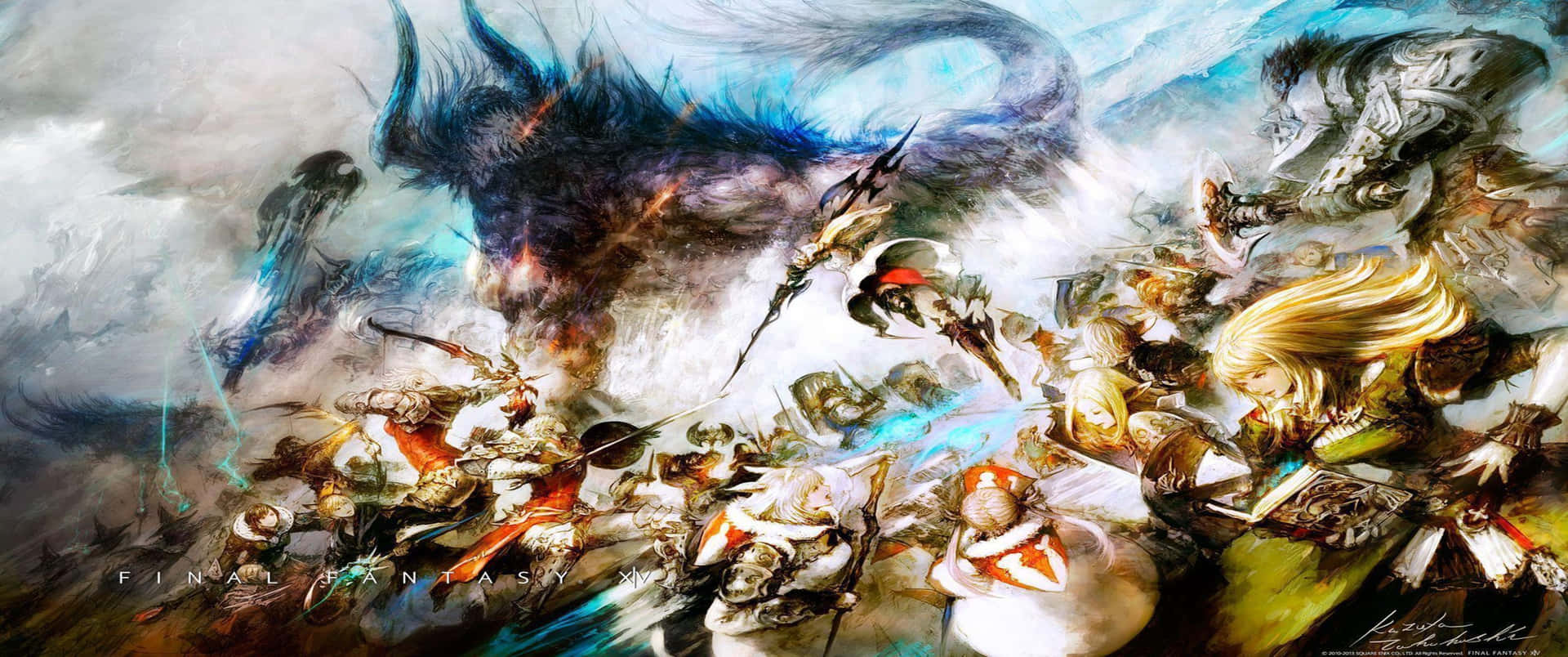 奇幻戰士與巨龍在混亂的魔法天空中戰鬥。