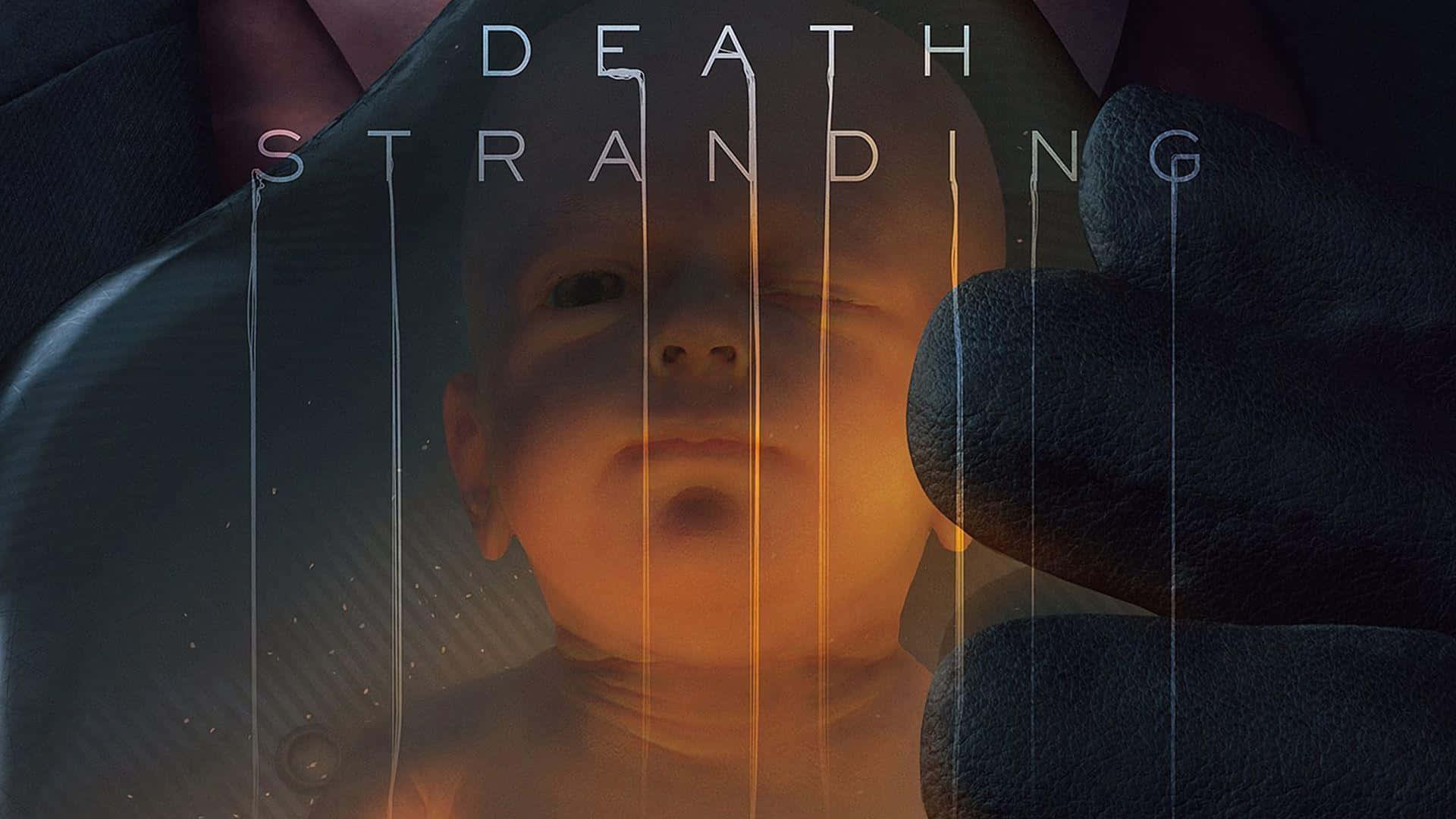 一個嬰兒的臉被戴手套的手托著，遊戲標題 Death Stranding 滴落在其上。