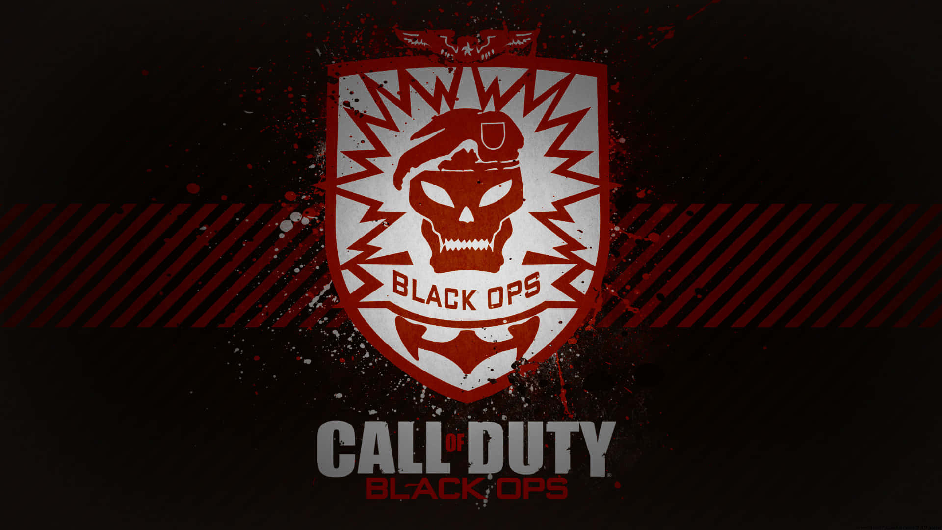 Call of Duty Black Ops 標誌，在深色背景上帶有骷髏頭和紅色盾牌。