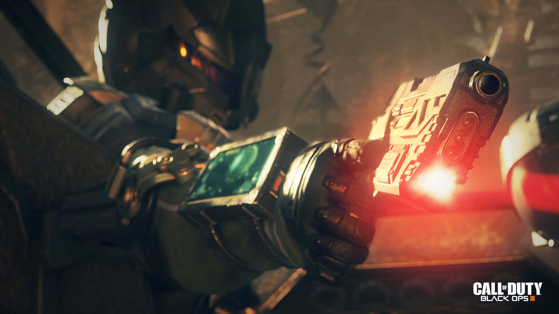 士兵在《Call of Duty Black Ops III》的戰鬥場景中發射未來手槍。