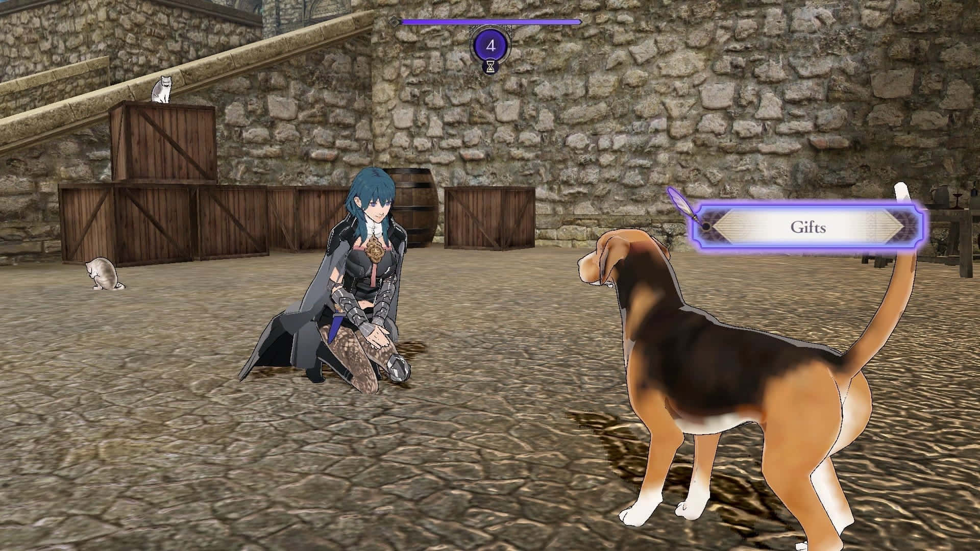 動漫角色和比格犬在石頭庭院中，帶有遊戲UI元素。