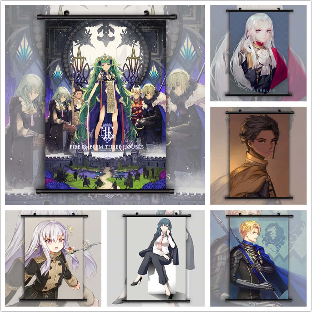 《Fire Emblem Three Houses》動漫角色掛軸，帶有奇幻服裝和城堡背景。