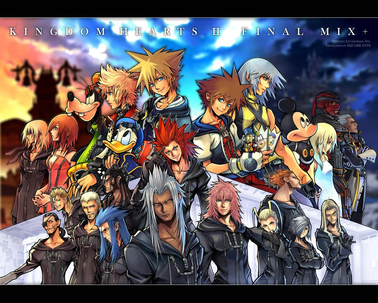 Kingdom Hearts II Final Mix 動漫角色在日落天空下擺姿勢。