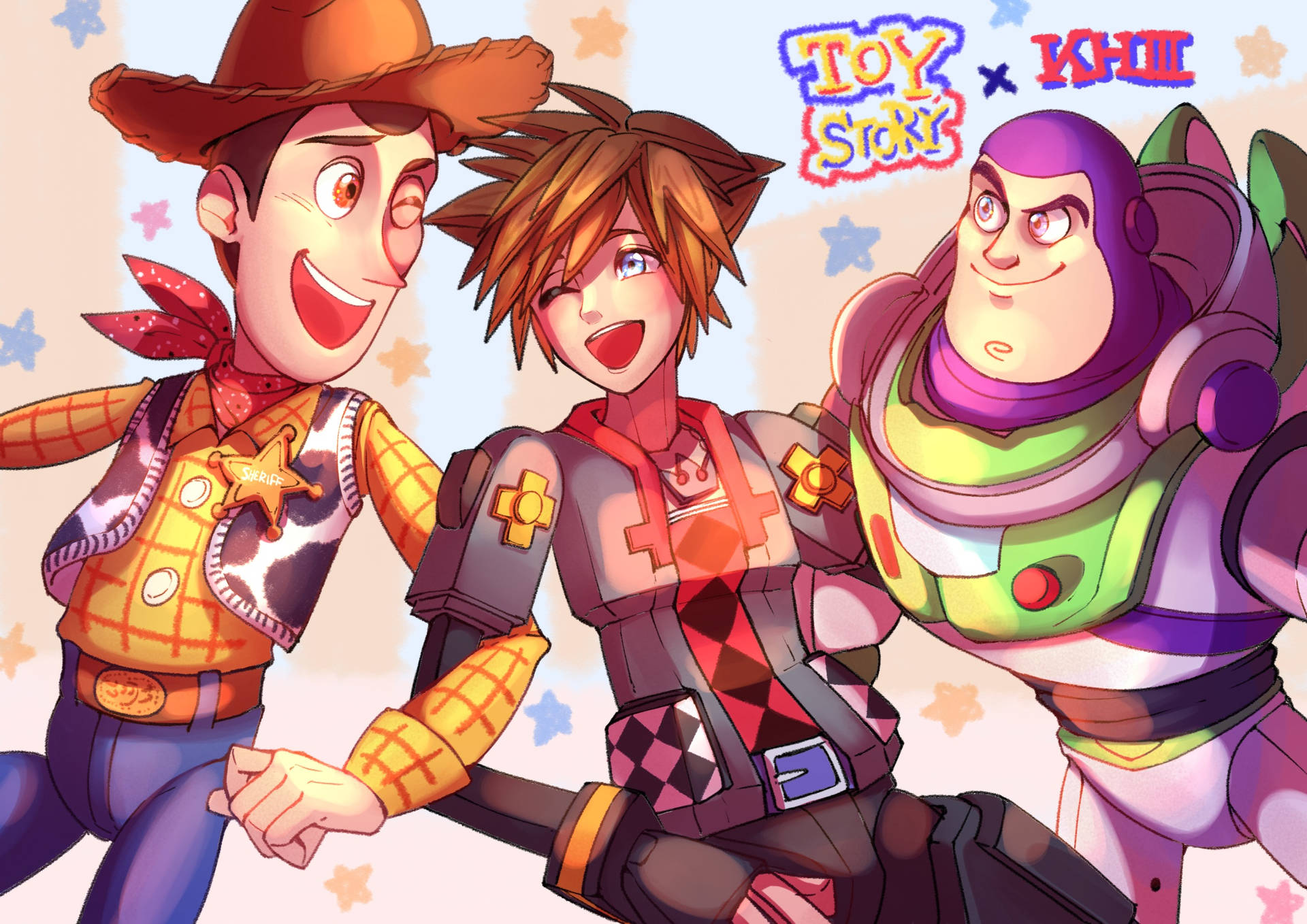 Woody Buzz Lightyear 和王國之心角色在星星背景下一起微笑。