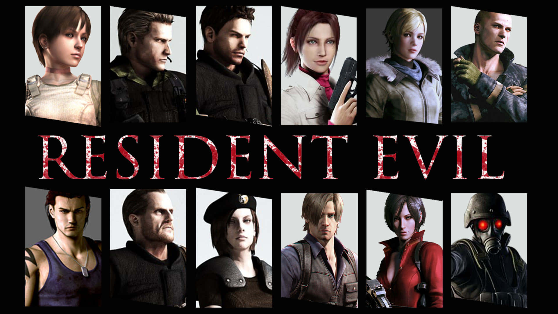 十個 Resident Evil 電子遊戲角色以肖像風格呈現，表情嚴肅。