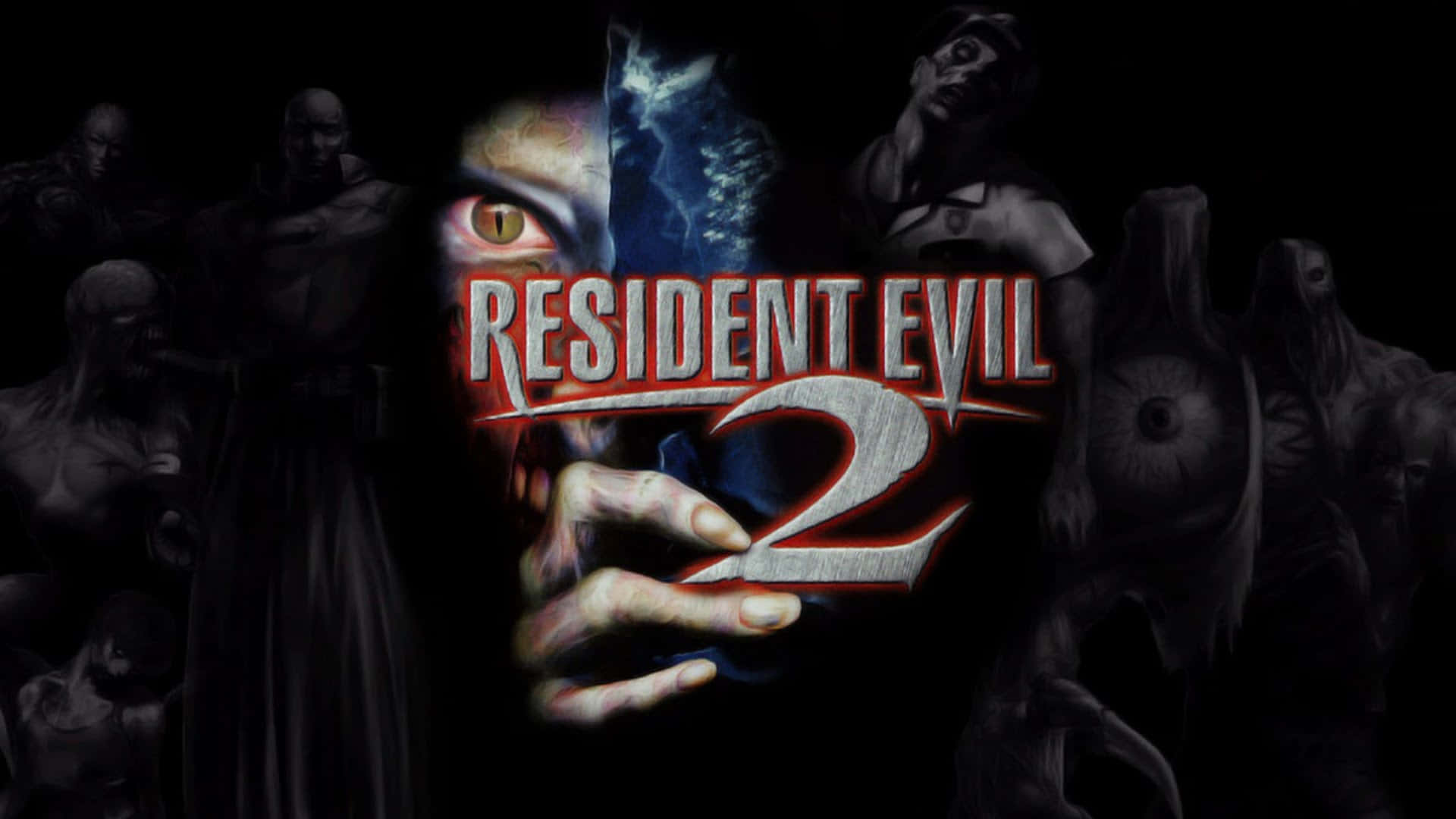 Resident Evil 2 遊戲標誌，在黑暗中有一個發光的眼睛和殭屍人物。