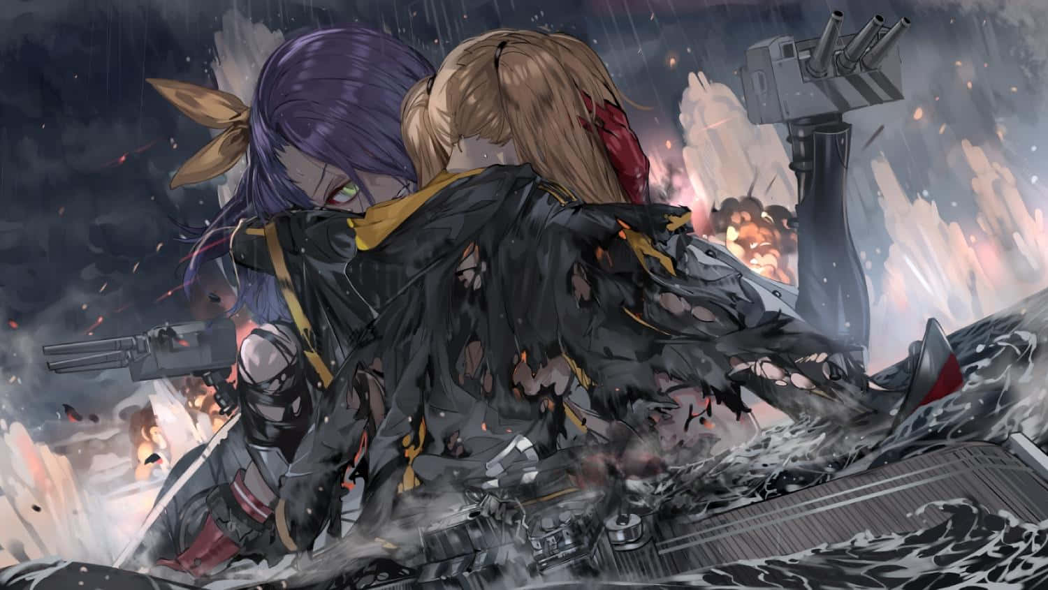 兩個動漫女孩在暴風雨戰鬥中蜷縮在正在沉沒的軍艦上，伴隨著爆炸。