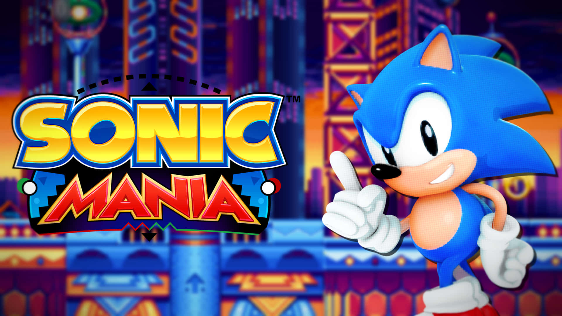 Sonic the Hedgehog 在 Sonic Mania 標誌前豎起大拇指。
