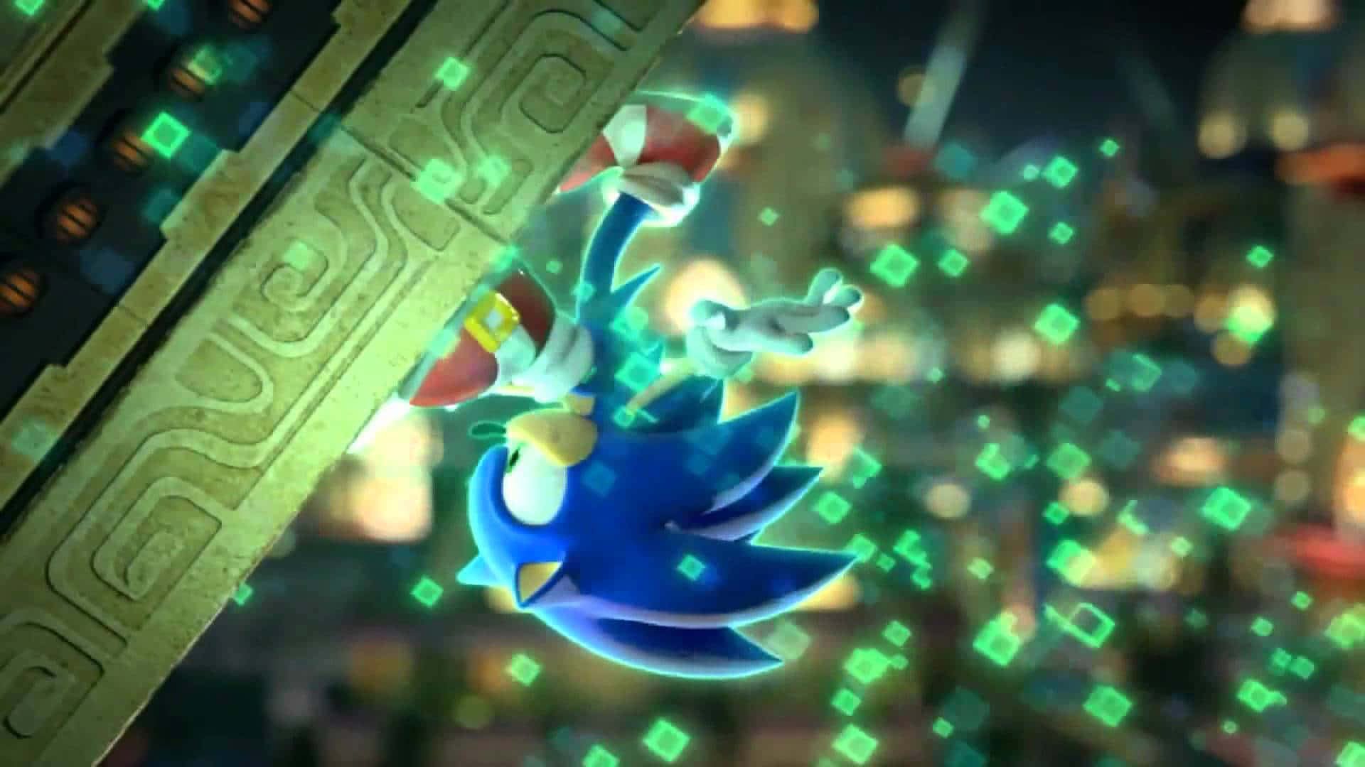 Sonic the Hedgehog 夜晚喺發光綠色數碼城市中奔跑。
