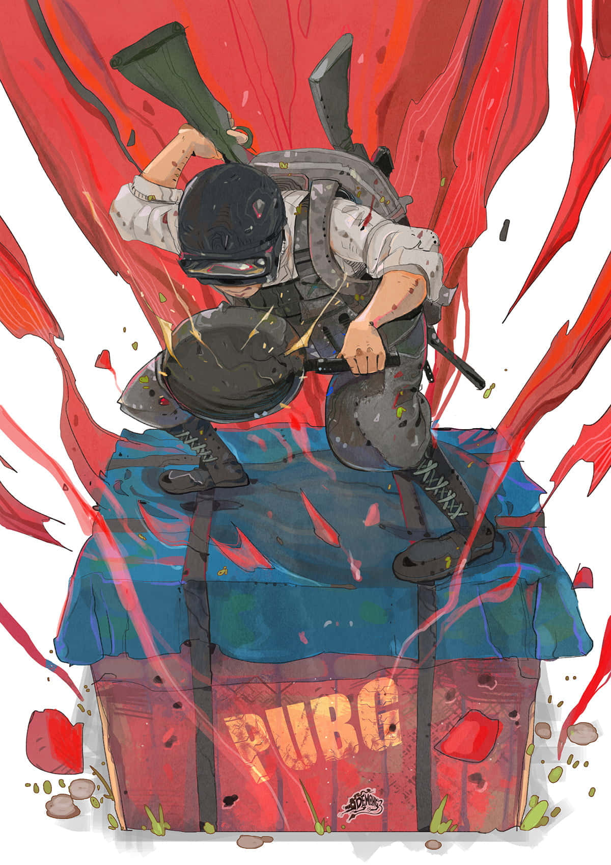 在《絕地求生》中征服大逃殺戰鬥 壁紙 — 一名身穿戰鬥裝備的士兵從PUBG箱子中跳出，周圍是爆炸性的紅色能量條和碎片。