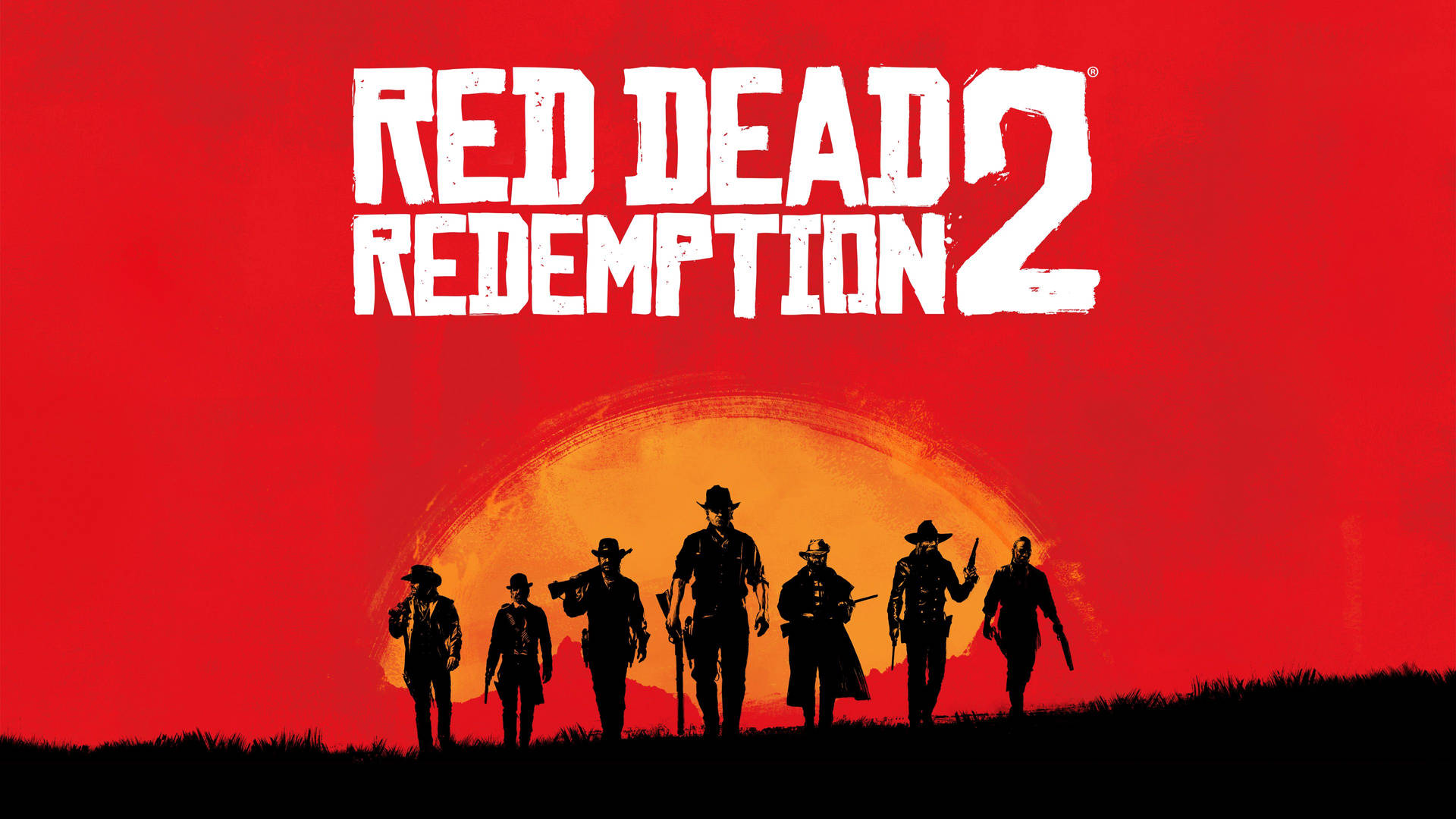 六個剪影牛仔站在夕陽前，帶有《Red Dead Redemption 2》標題。