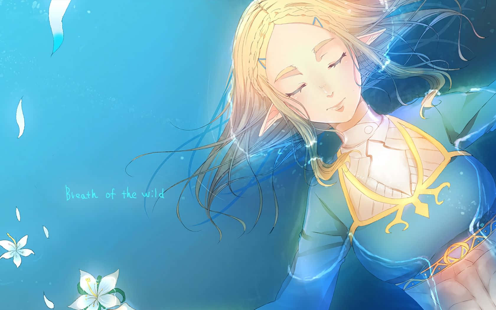 閉著眼睛的動畫精靈少女在藍色水中與白色花朵一起漂浮